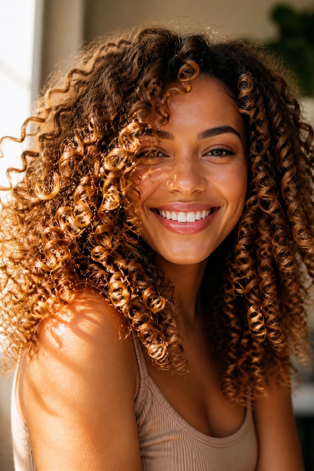 Portrait of a person with golden chestnut curly hair