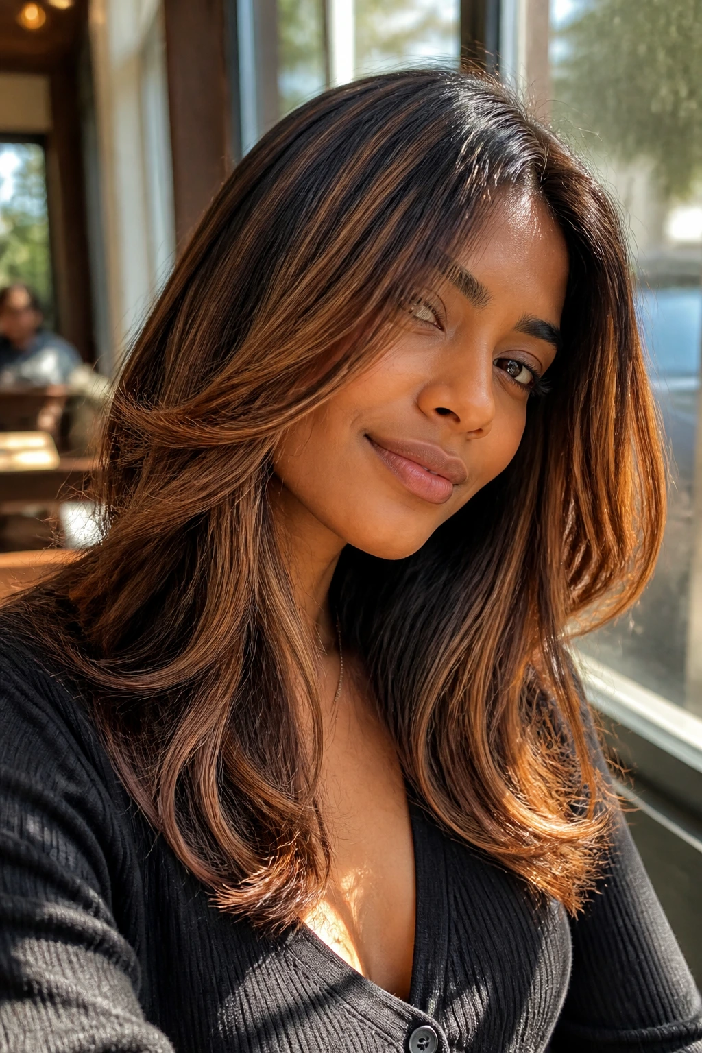 Portrait showing golden chestnut foilyage highlights on layered brunette hair in daylight