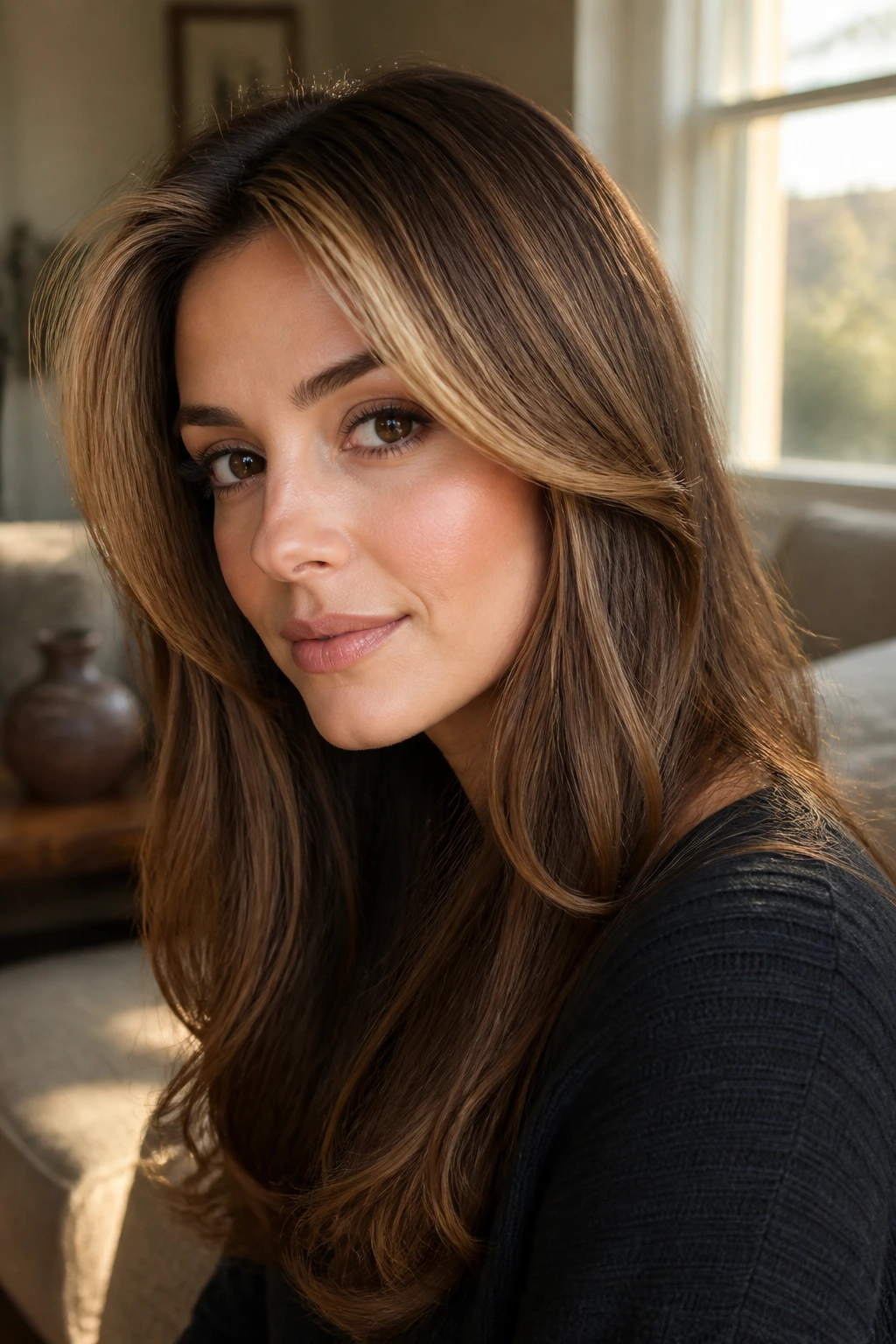 Close-up of hair with golden chestnut frame highlights framing the face