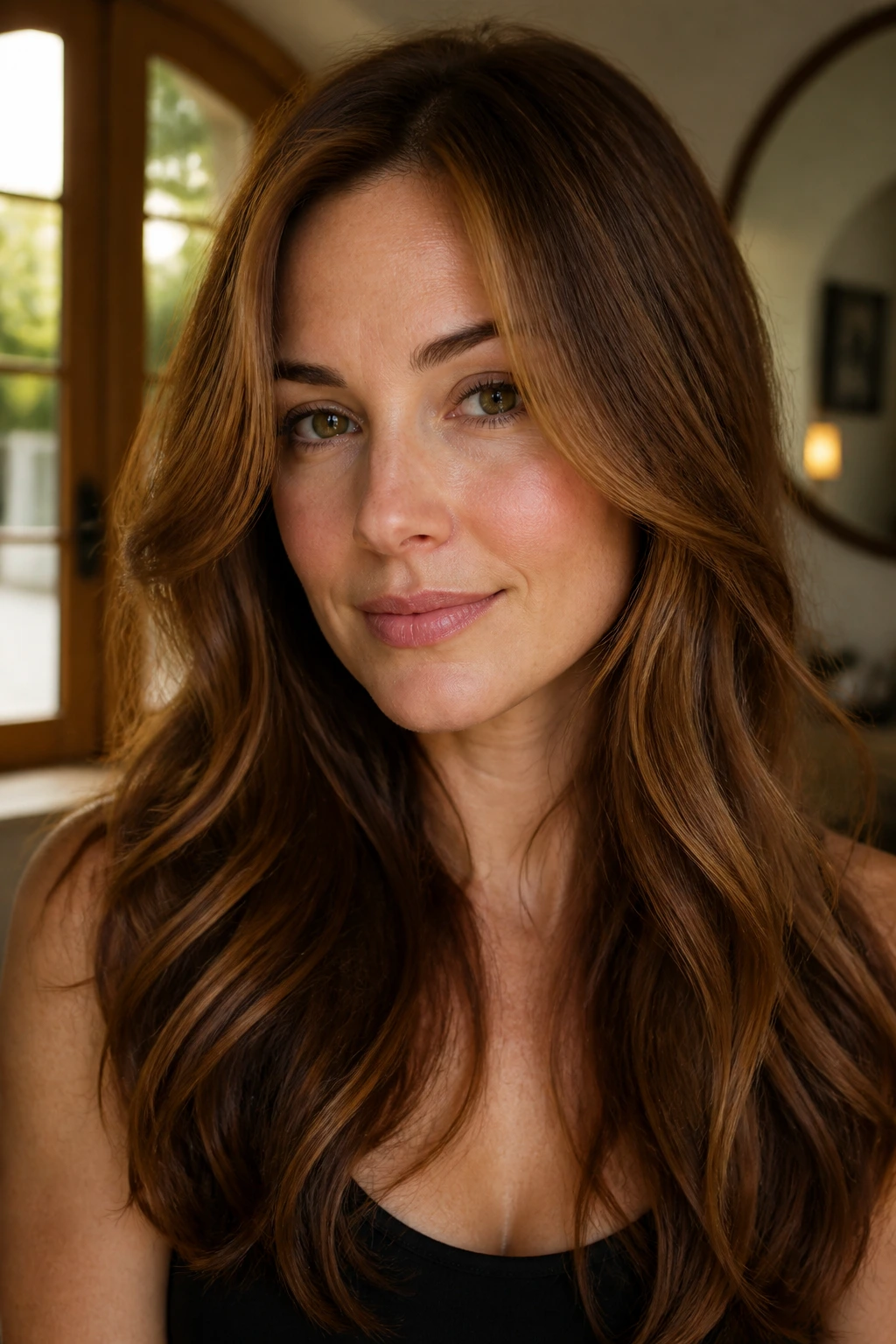 Portrait of a real person with golden chestnut hair and golden lowlights