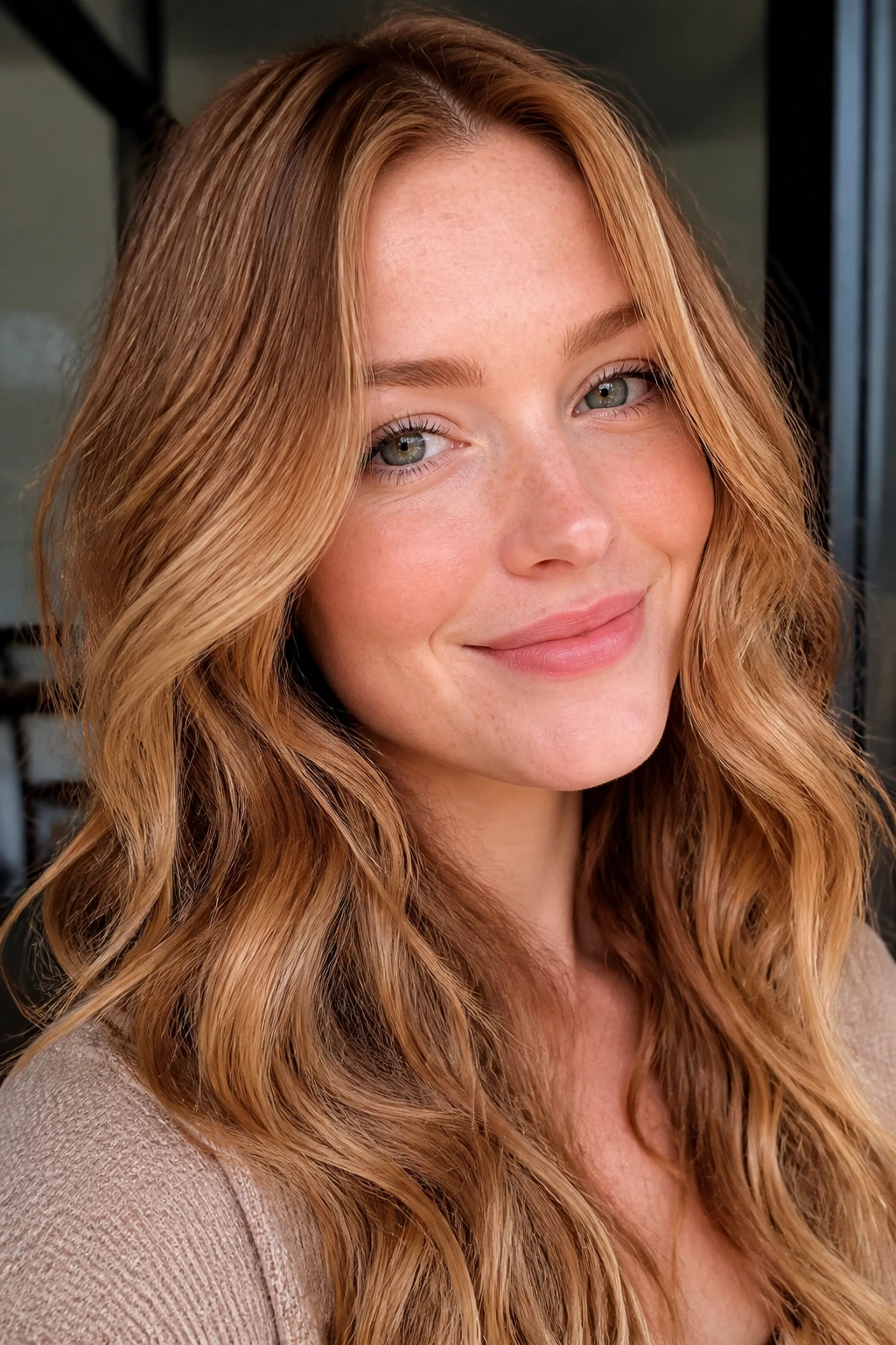 Portrait of a fair-skinned woman with cinnamon-dimension hair and warm undertones