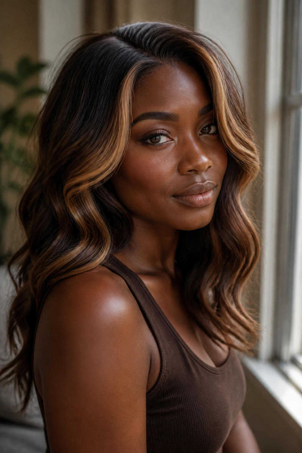 Close-up of a real woman with deep skin tone showing golden cocoa contour highlights along the face.