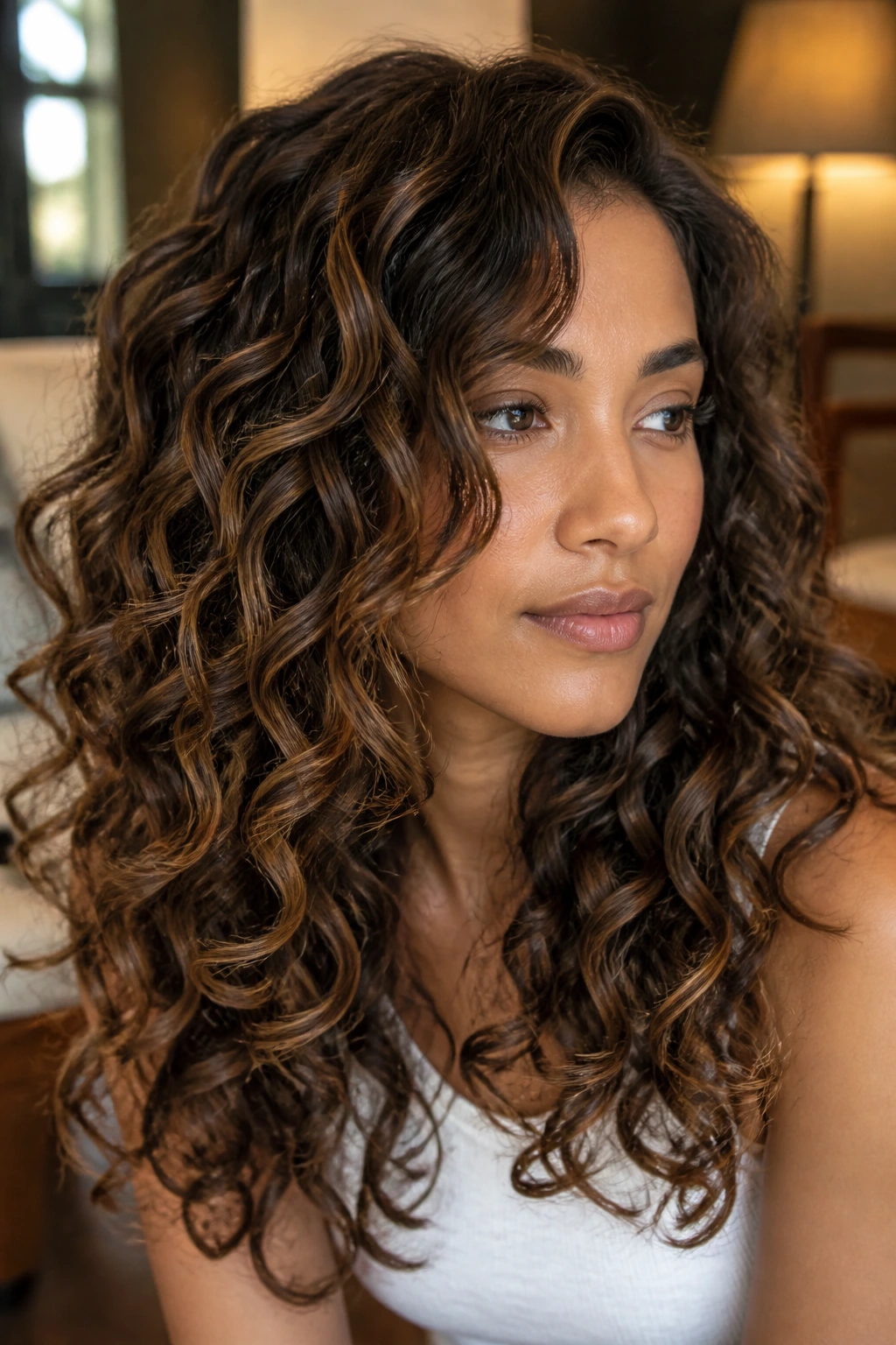 Close-up of a real woman with Golden Cocoa Curls showing cocoa base and golden ribbons in curls