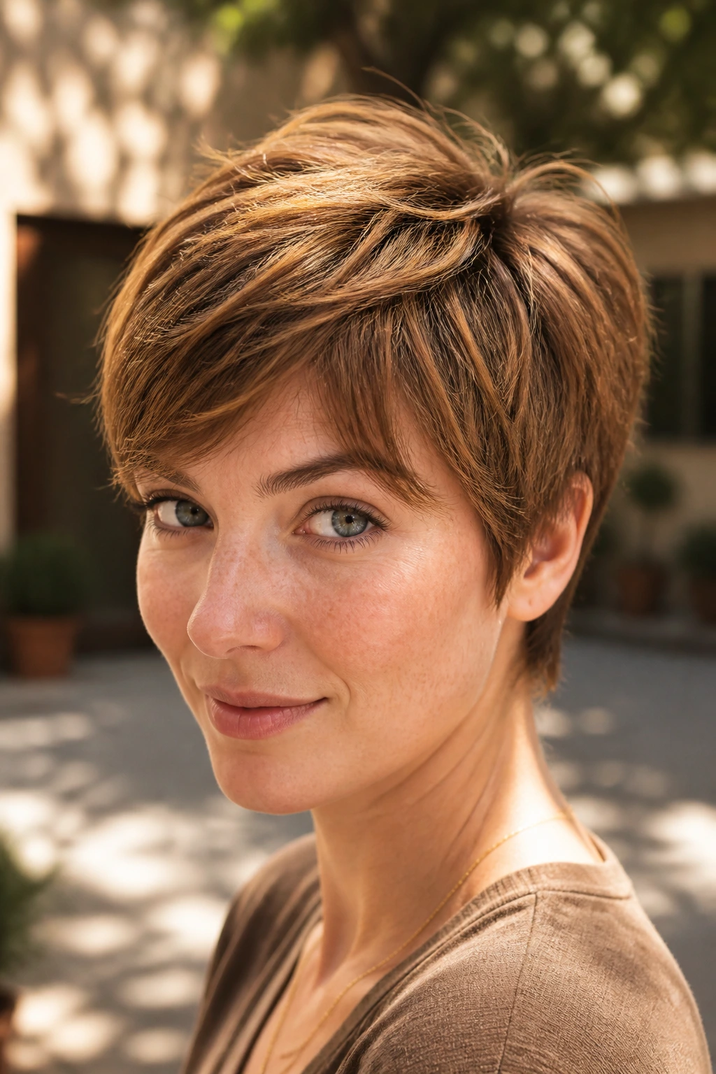 Close-up of a pale-skinned woman with a pixie cut in golden cocoa tones.