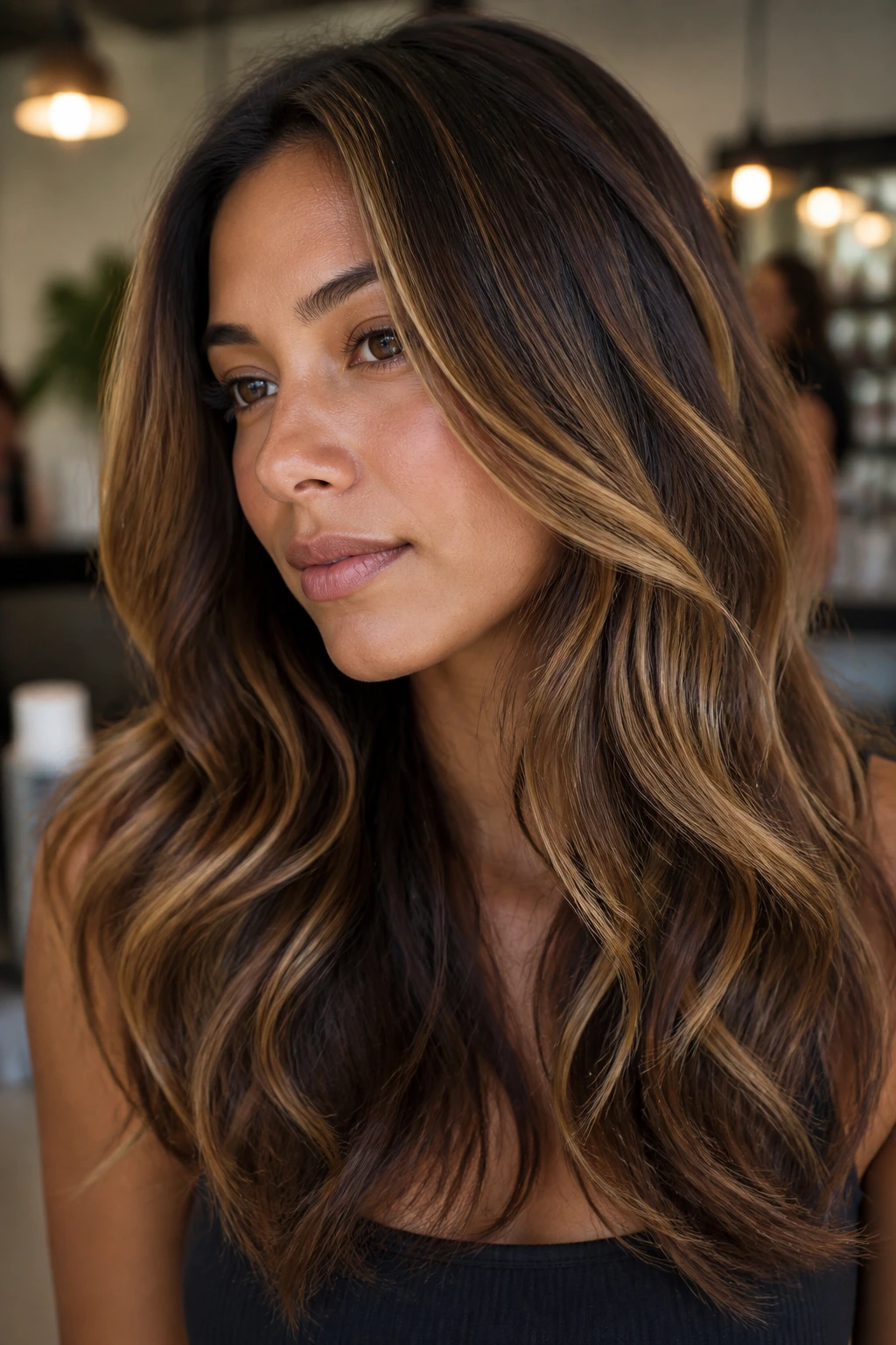 Close-up of a real woman with golden cocoa ribbons in dark brown hair