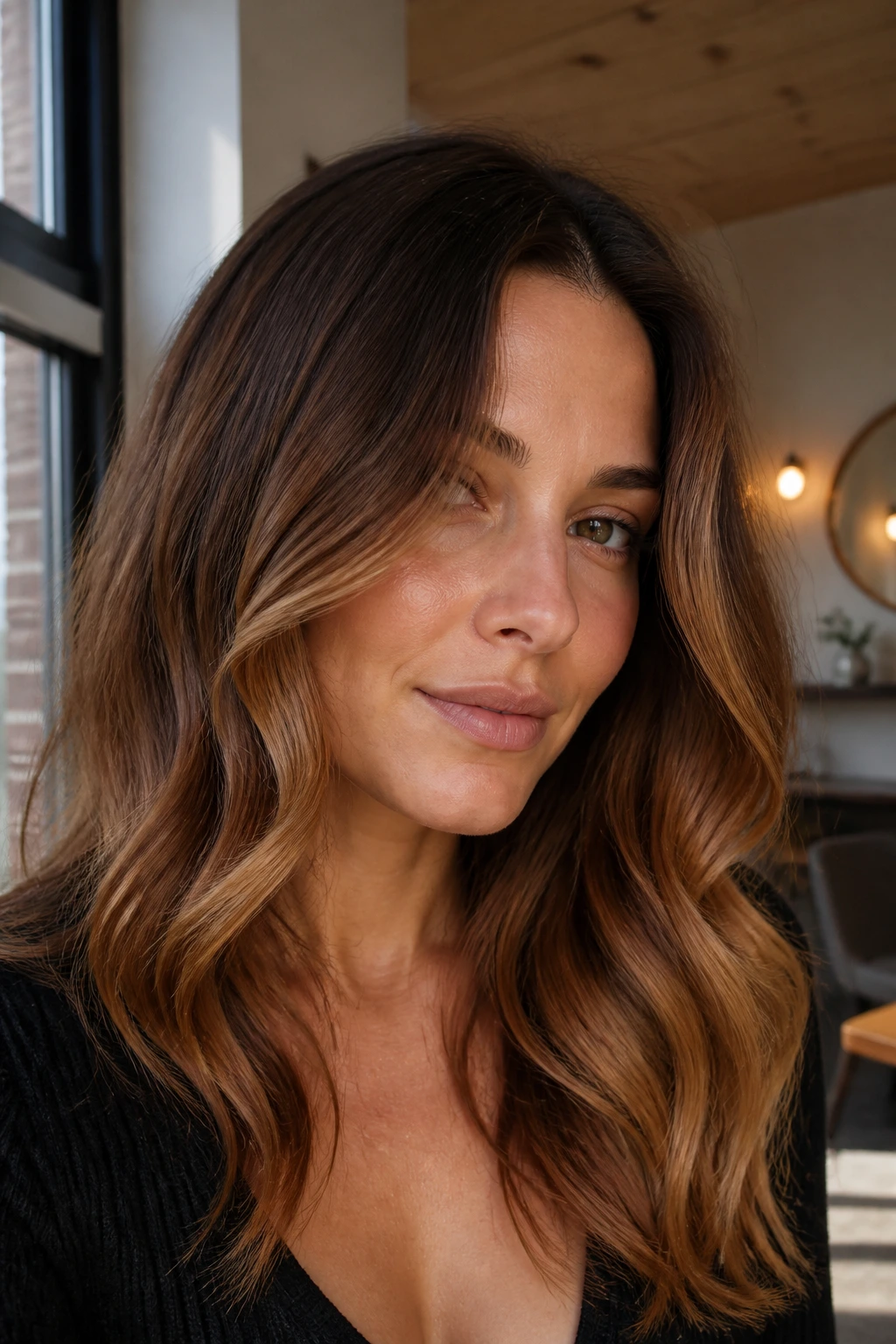 Portrait of a real person with cognac-toned hair gradient