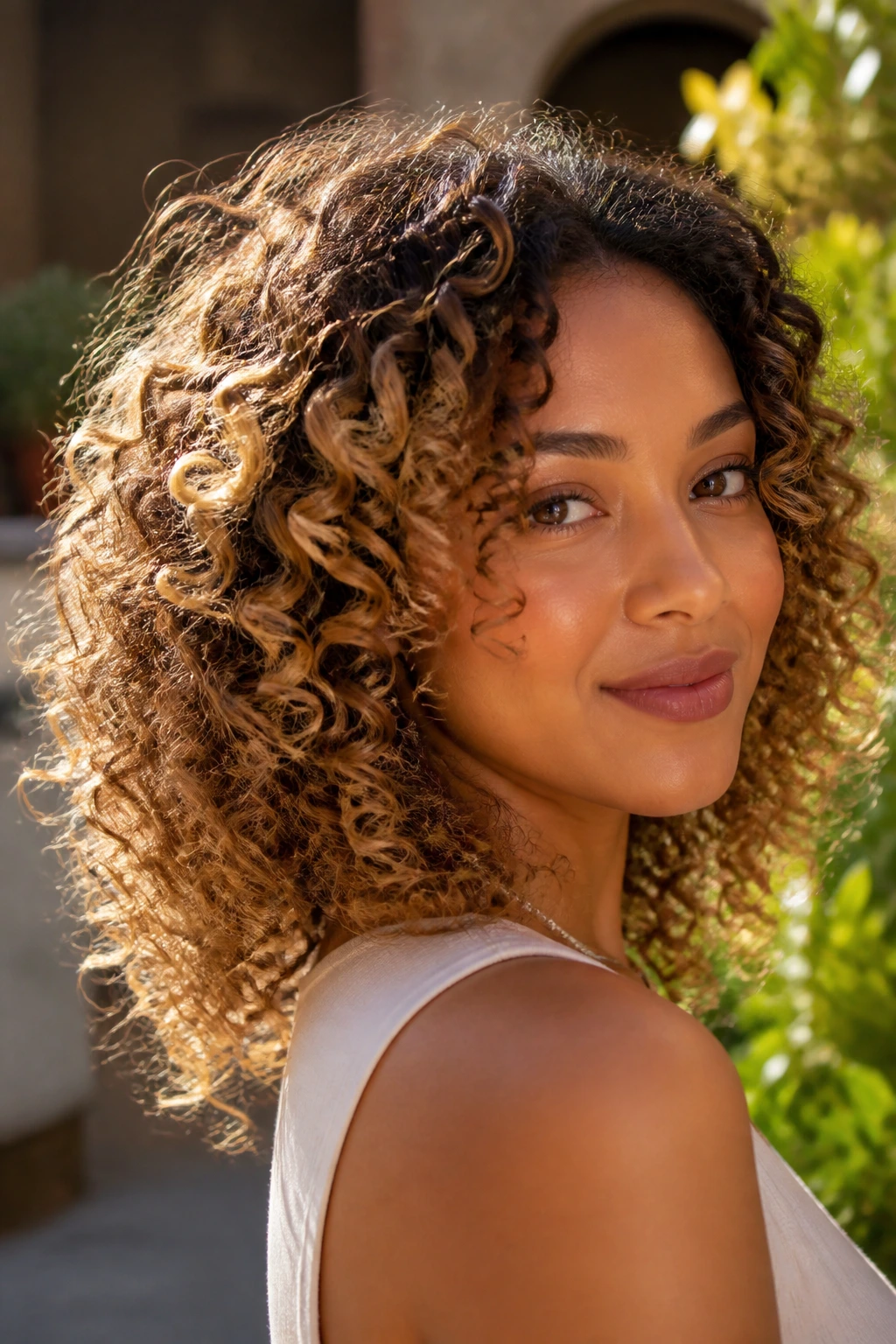 Real woman with golden coil curls catching sunlight and warm highlights.