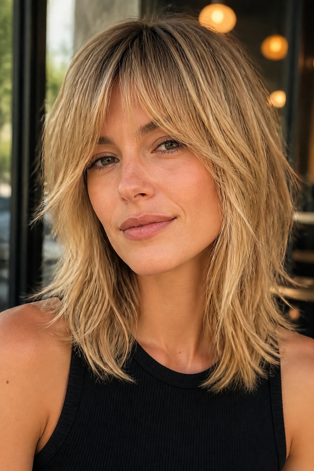 Close-up portrait of a real woman with a golden collarbone shag and bottleneck bangs by a cafe window.