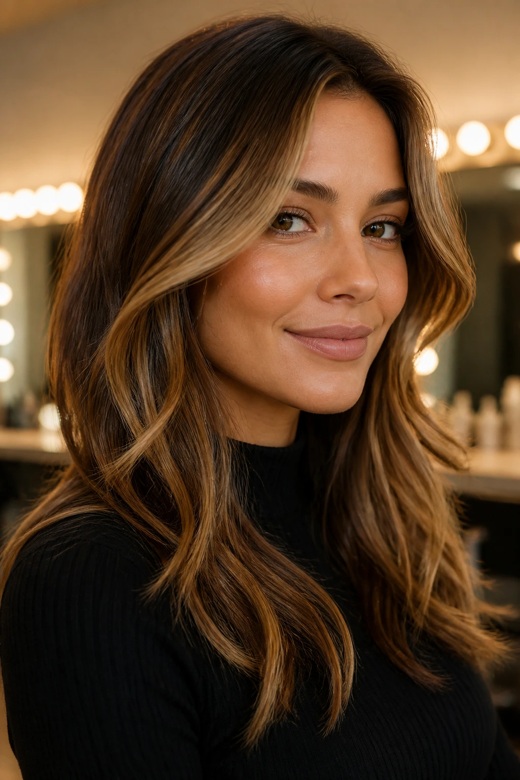 Brunette with contour highlights around temples for face framing