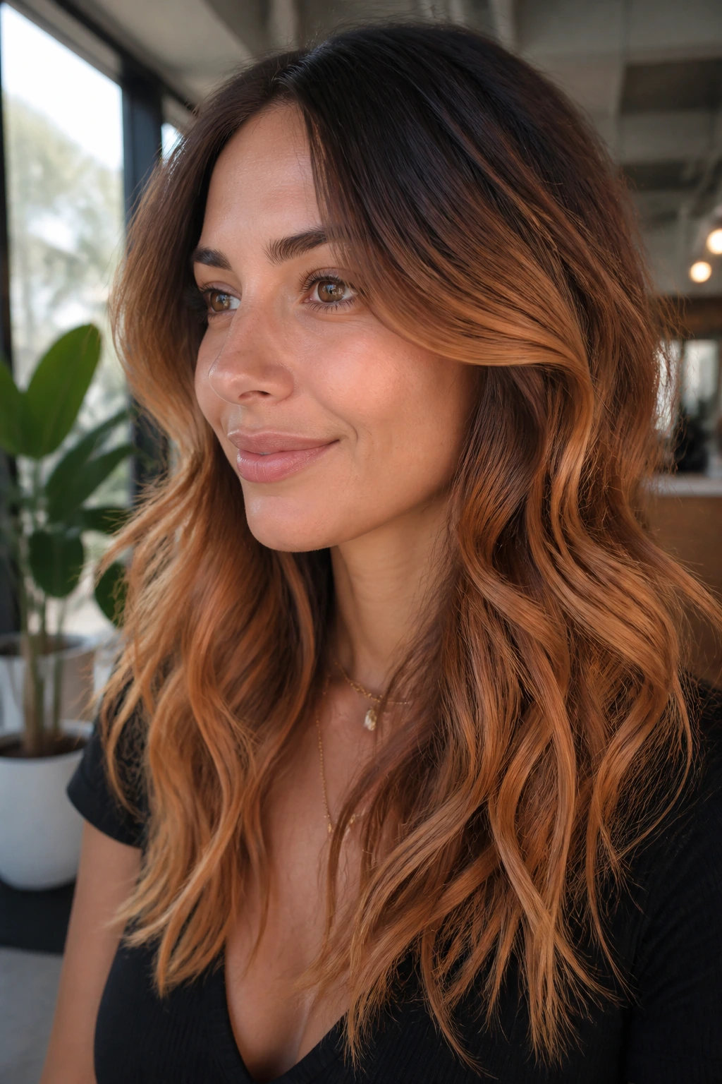 Close-up of a real woman with golden copper air-touch highlights on dark hair