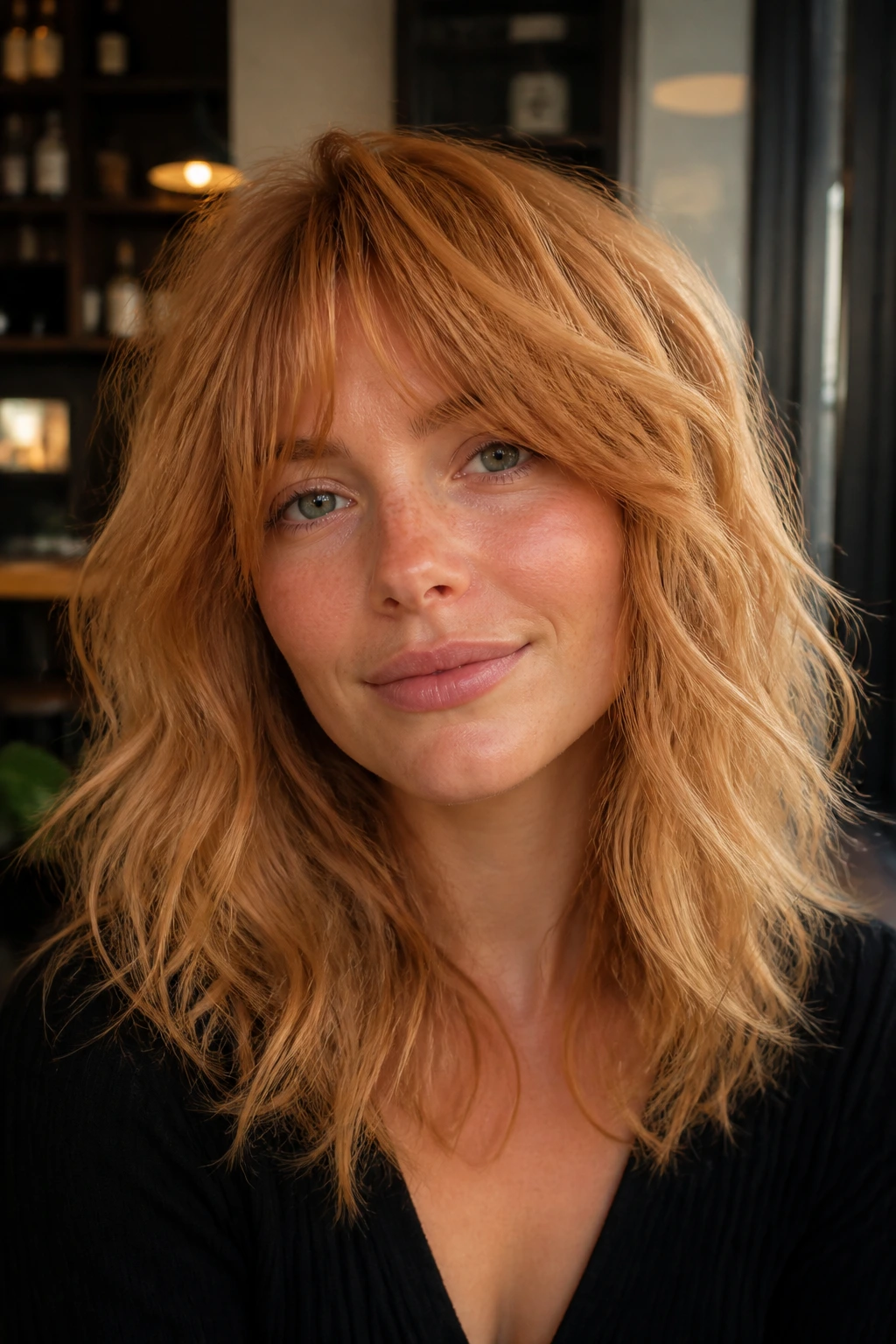 Close-up of a real woman with golden copper blonde shag hairstyle