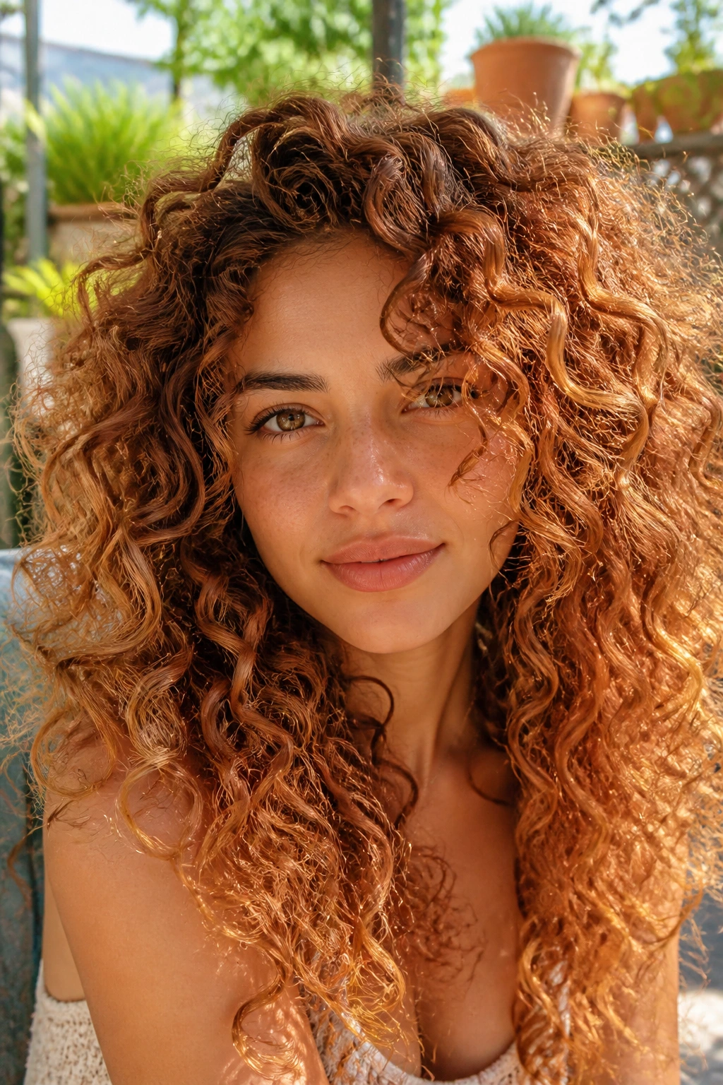 Real woman with golden copper melt curly hair in sunny outdoor light