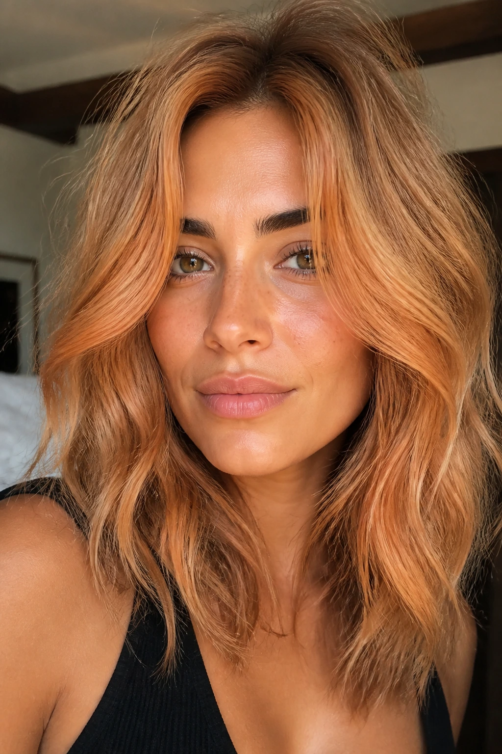 Close-up portrait with golden copper face-framing highlights on olive skin