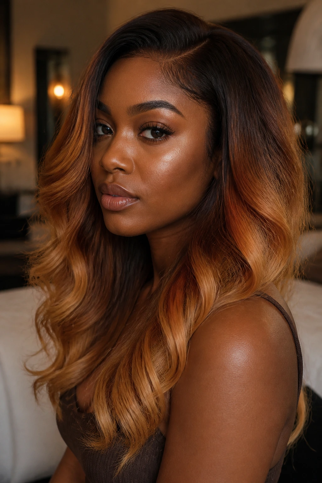 Close-up portrait of a person with golden copper melt hair, root-to-end copper-gold blend