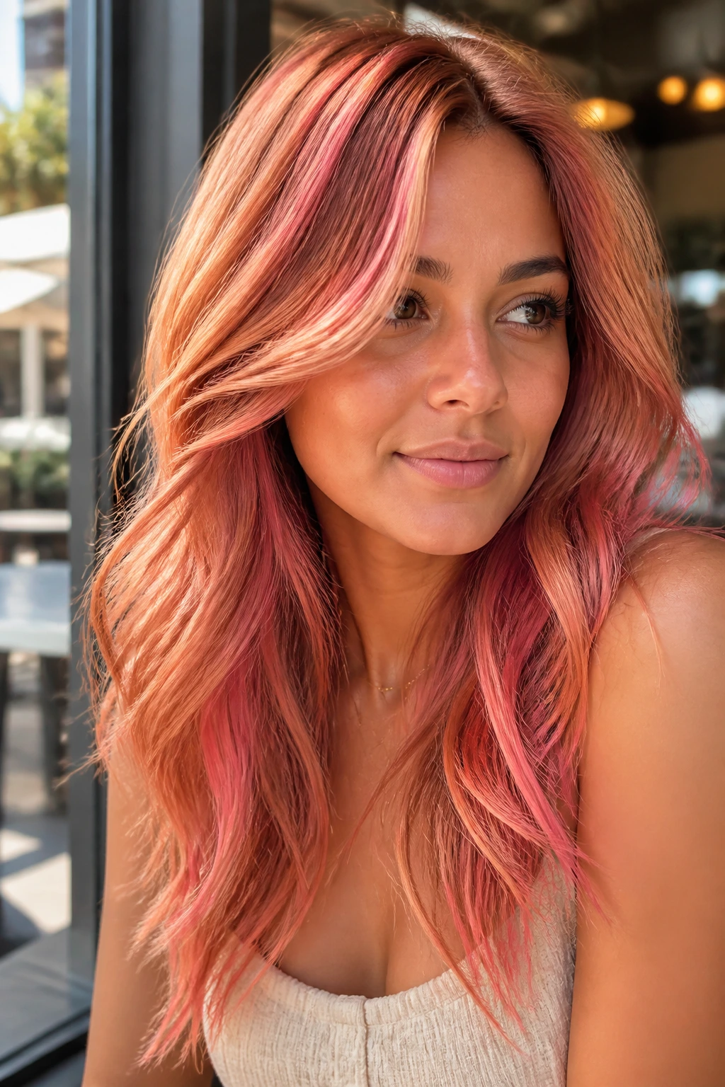Hair with golden coral strawberry highlights around crown and face on a real person