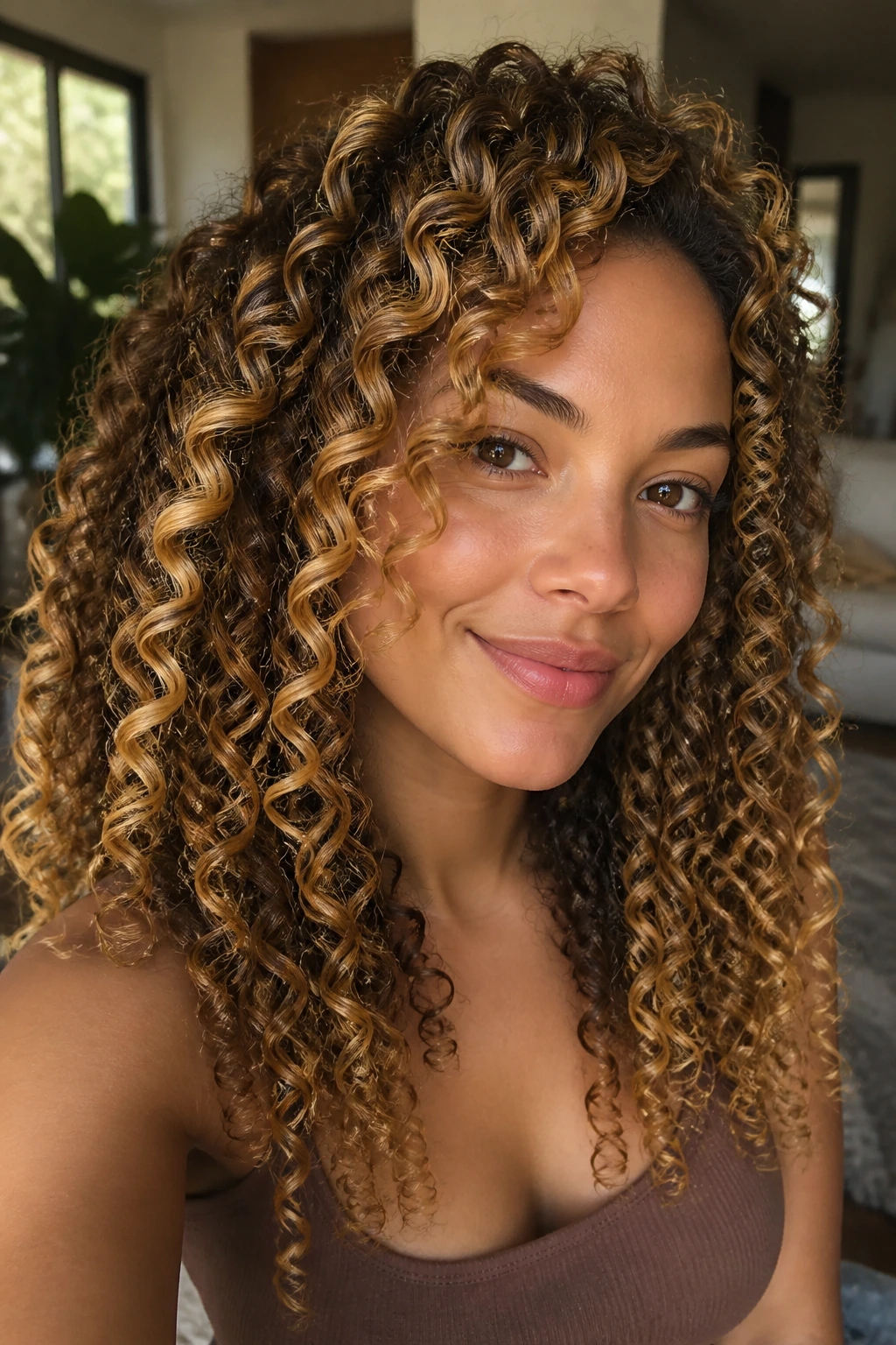 Real woman with golden curl pop lights on curly hair