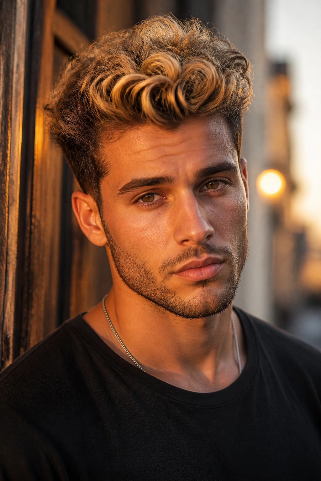 Portrait of a man with a golden curly quiff and dark roots