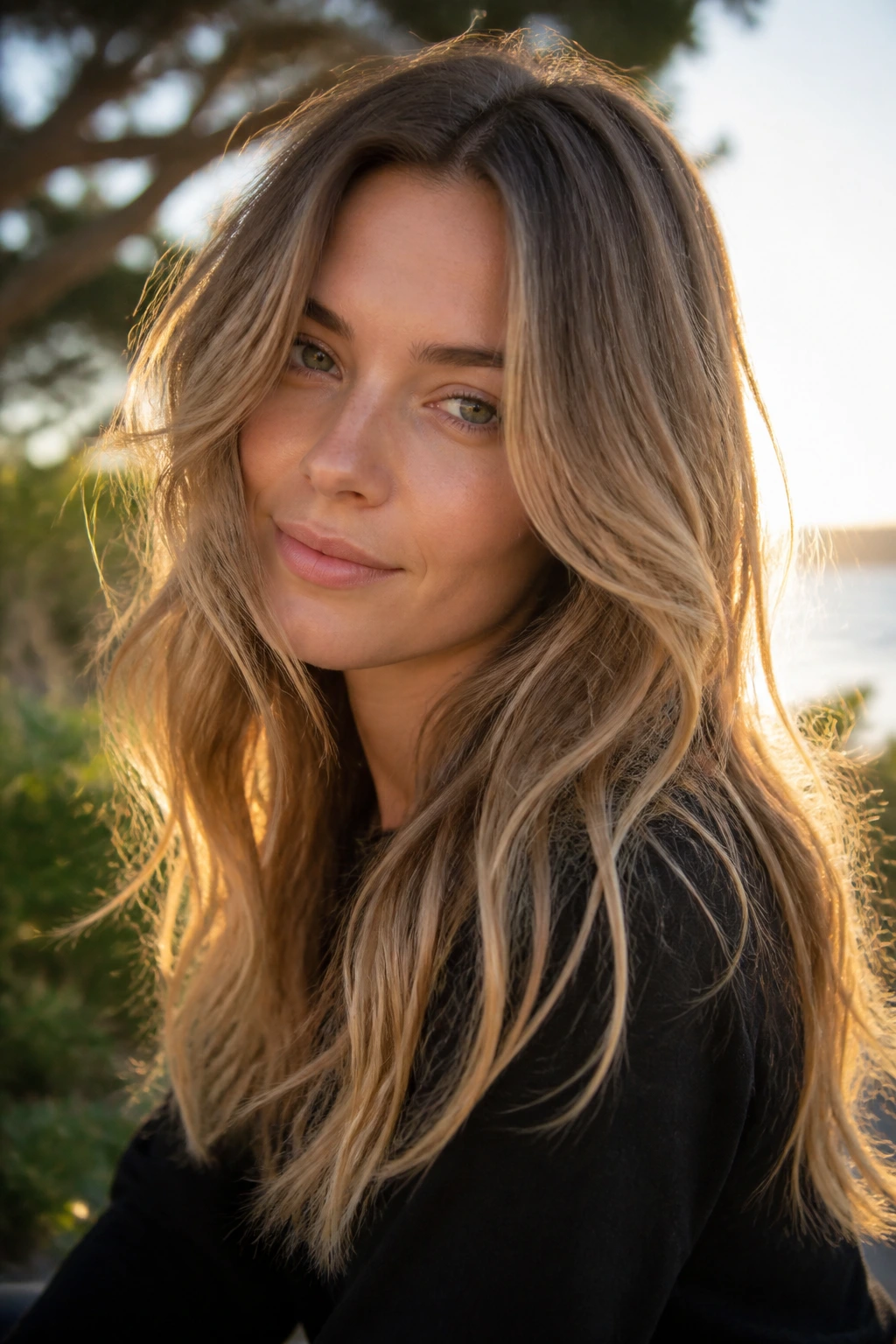 Portrait of a real woman with golden dark blonde hair and airy ends in golden hour light.