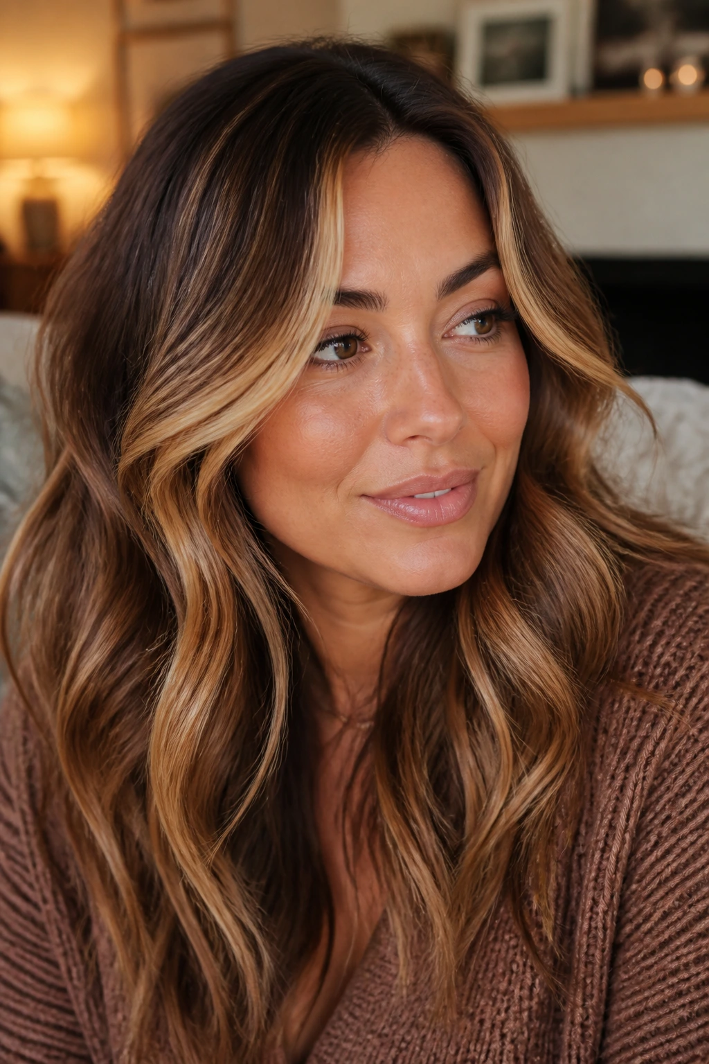 Brunette with golden highlights in loose waves showing dimension.