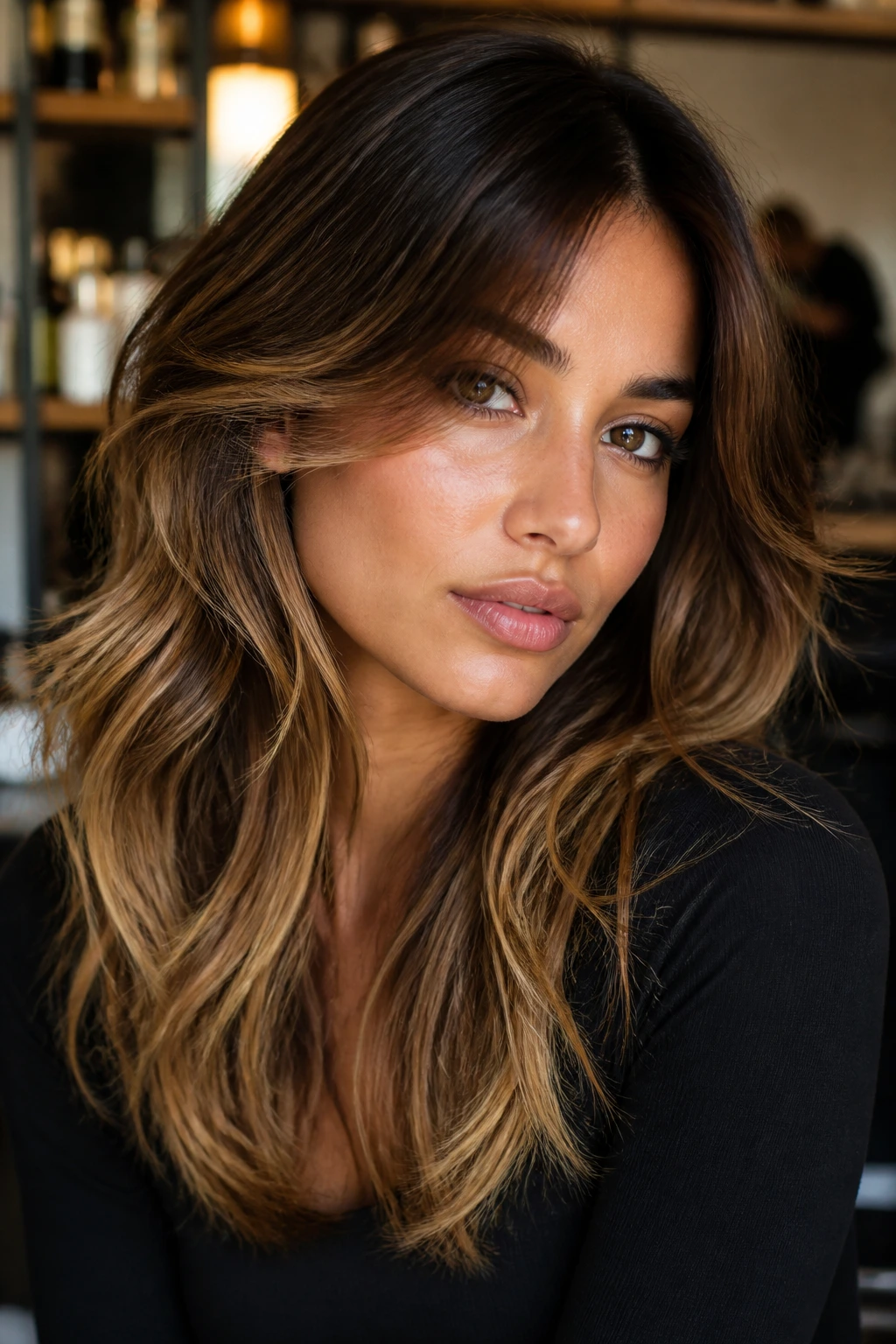 Close-up of a woman with soft curtain layers and golden ends on olive skin