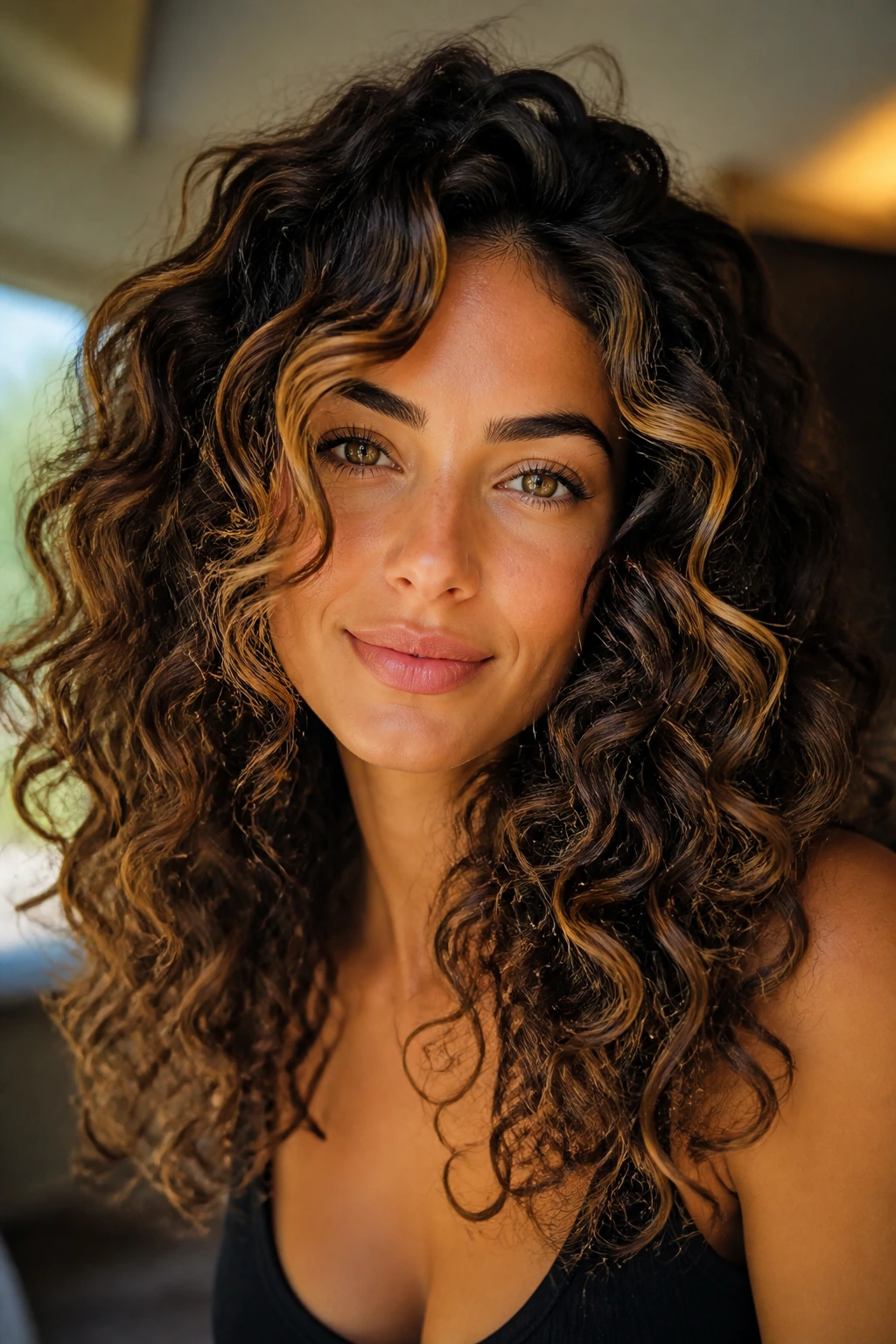 Close-up portrait of a real woman with face-framing golden espresso highlights in curly hair under warm indoor light