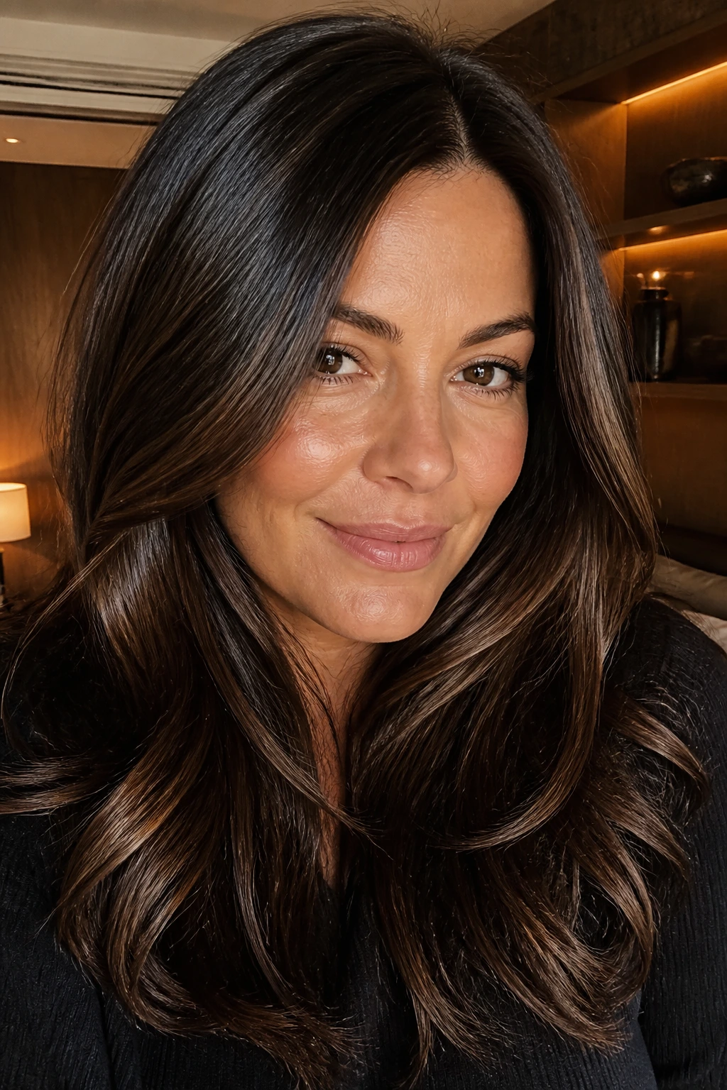 Close-up portrait of a woman with golden espresso hair and warm gloss