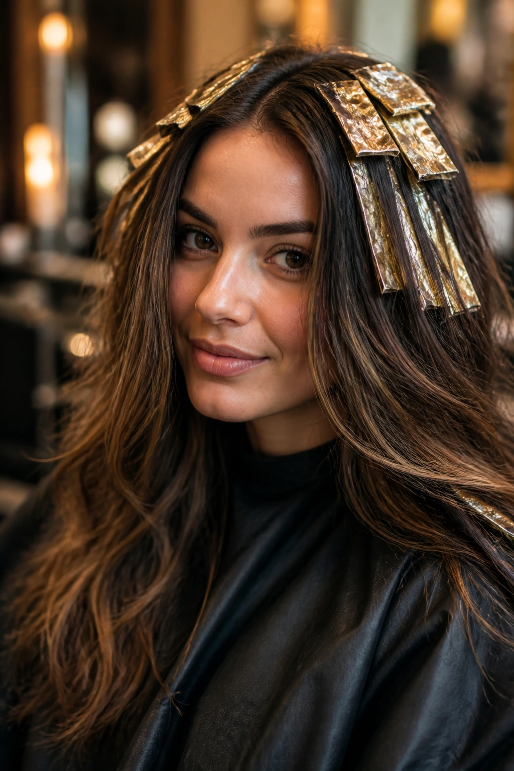 Dark hair with gold foil highlights peeking through in a glossy, salon-ready look on a real person