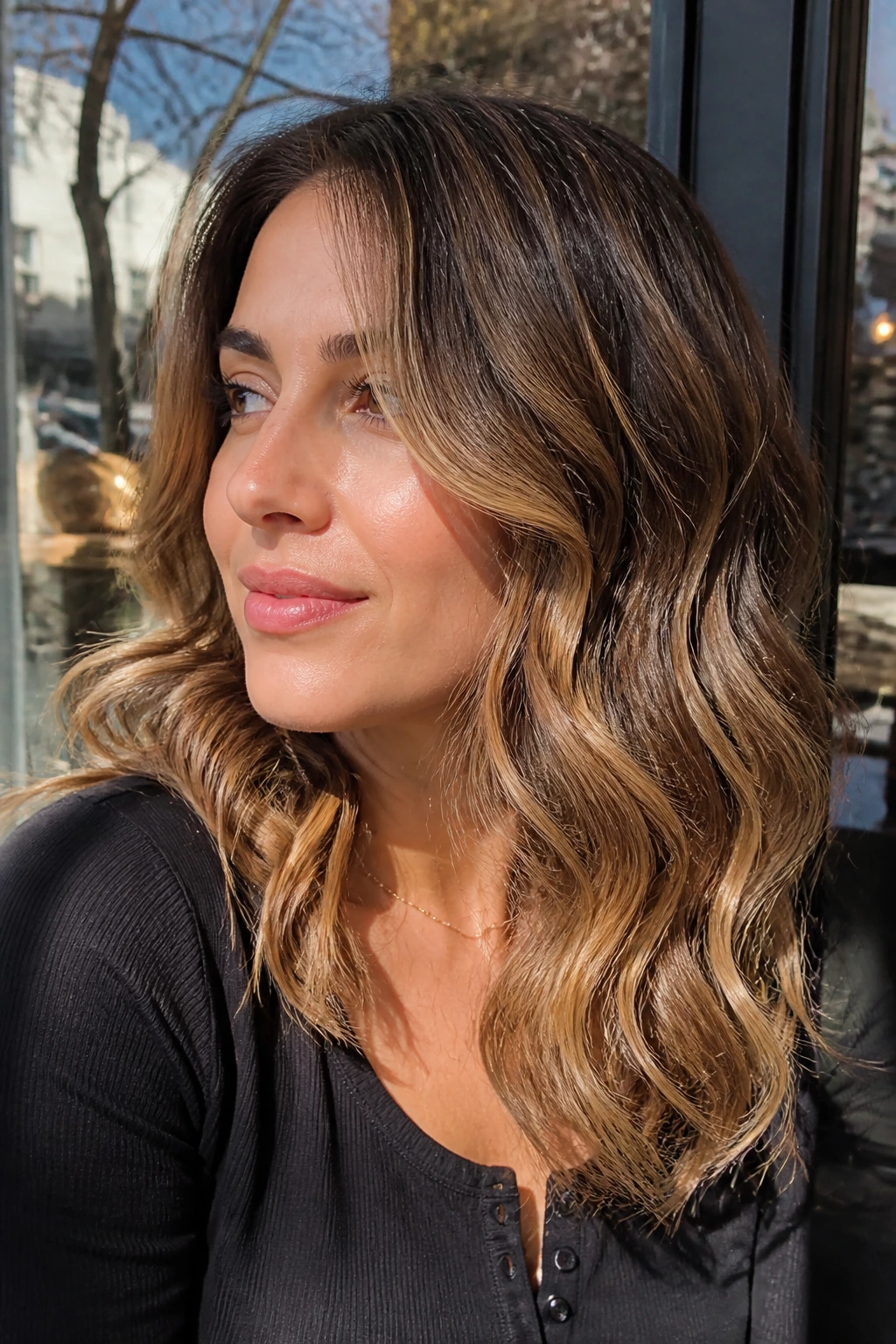 Real woman with wavy brunette hair and gold foilayage highlights in natural sunlight