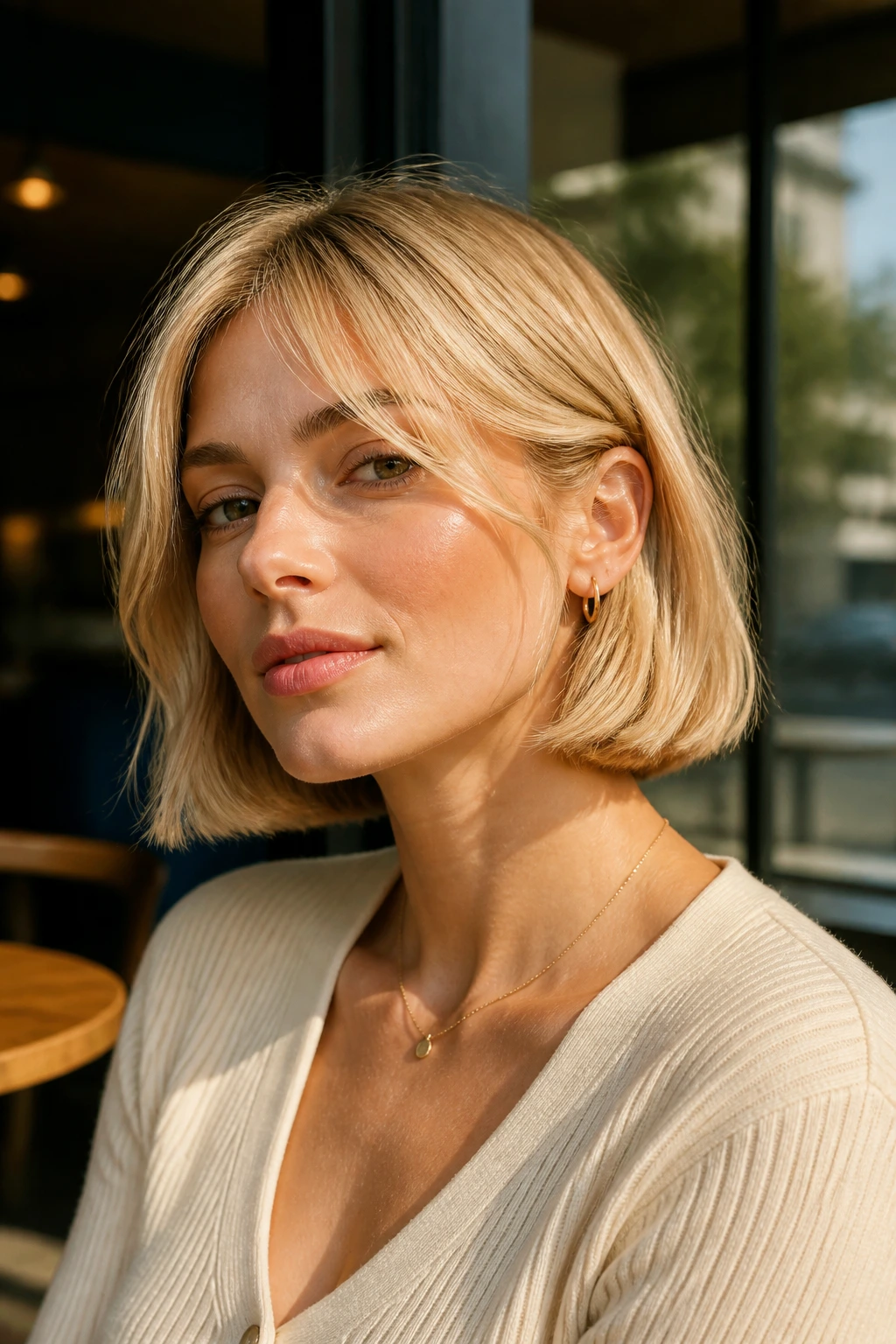Real woman with golden French bob; warm beige-gold tone.
