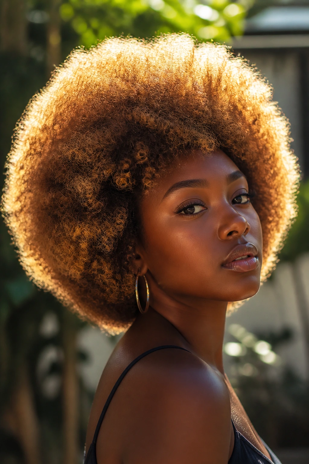 Close-up of Afro with golden halo around crown in sunlit outdoor setting
