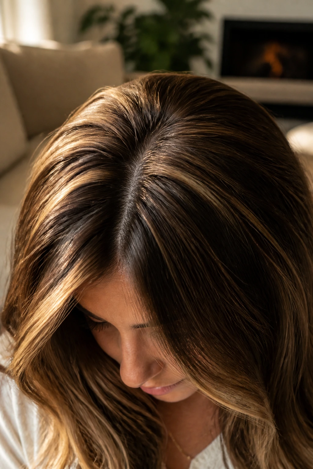 Brunette hair with golden halo highlights around the crown