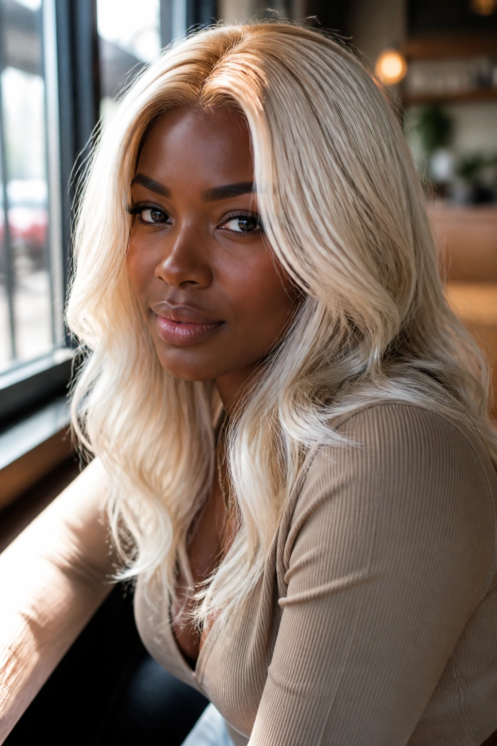 Close-up of a real person with golden halo platinum hairstyle
