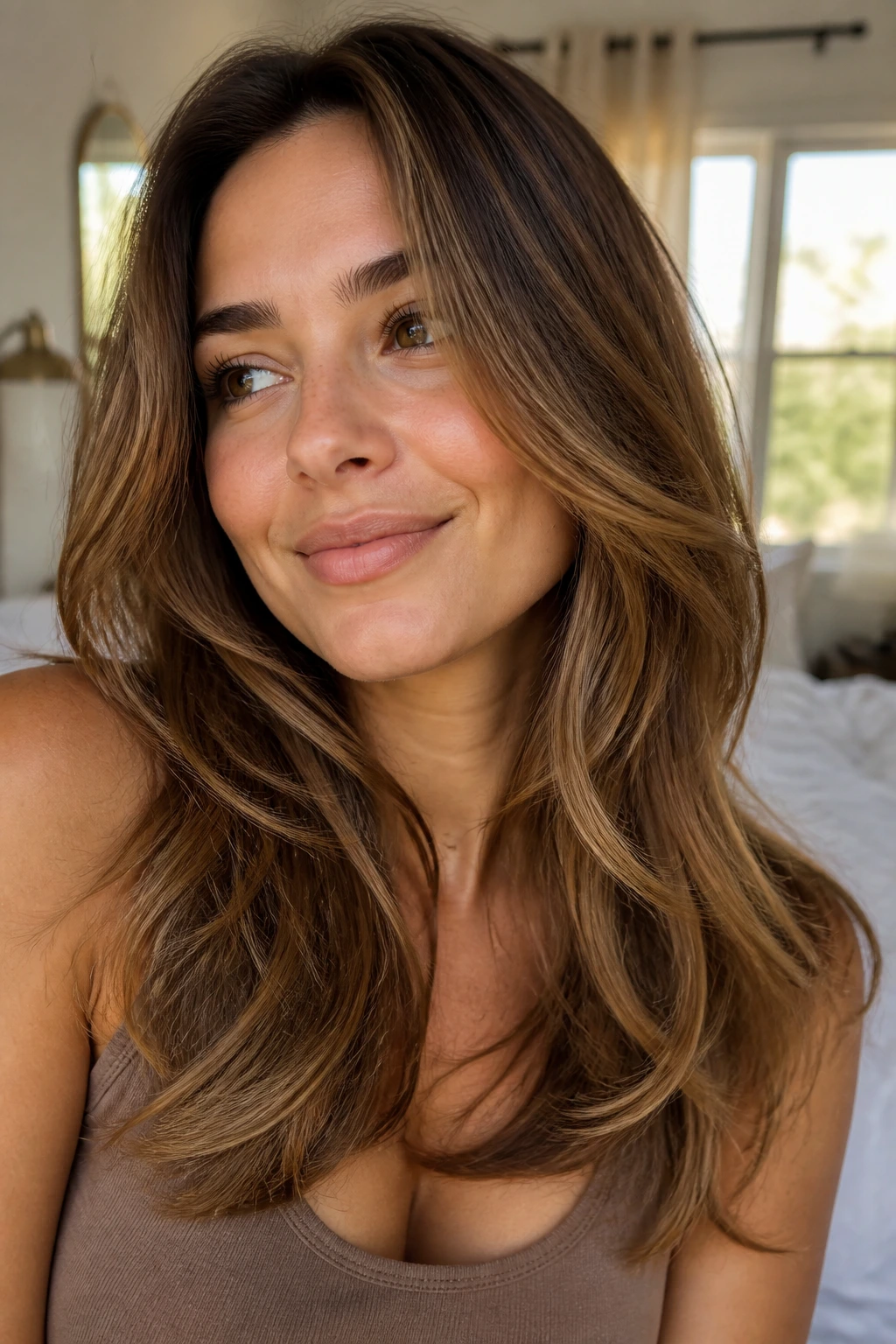 Close-up portrait of brunette with golden hazelnut highlights on layered hair in warm window light