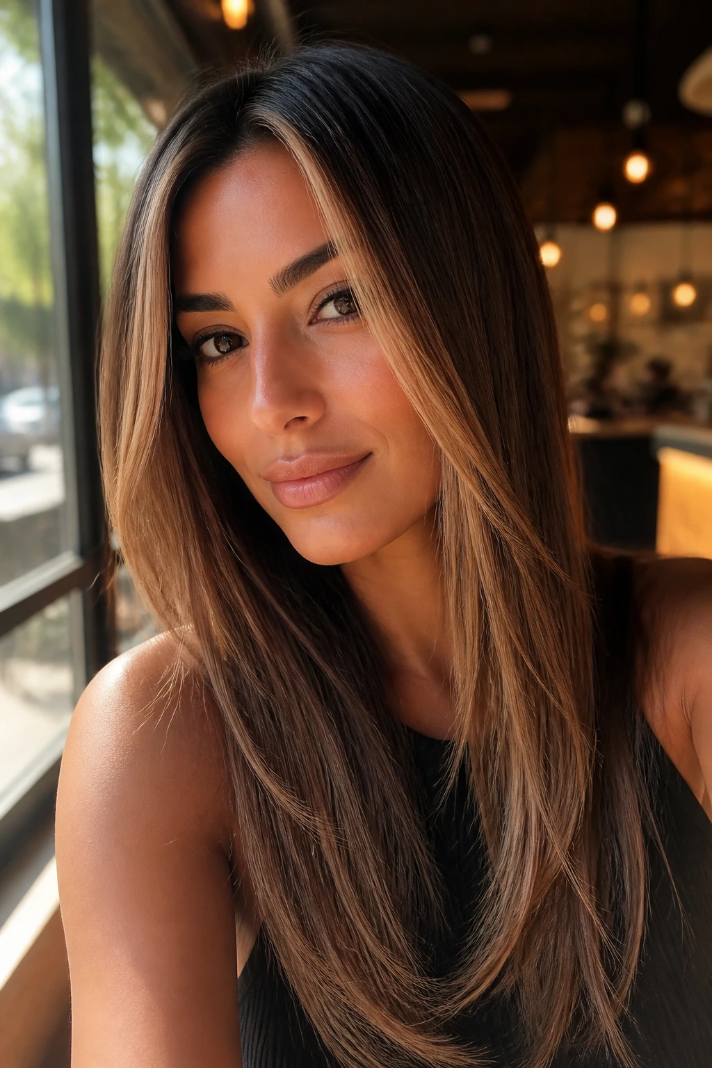 Real woman with golden face-framing highlights on straight layers