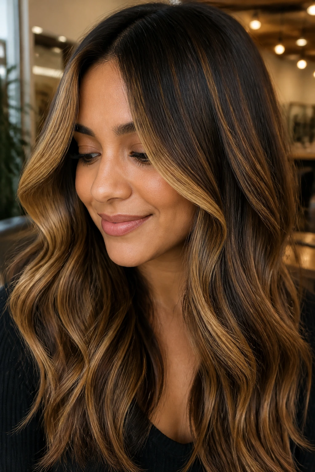Close-up portrait of a real woman with brunette hair and golden honey balayage framing her face