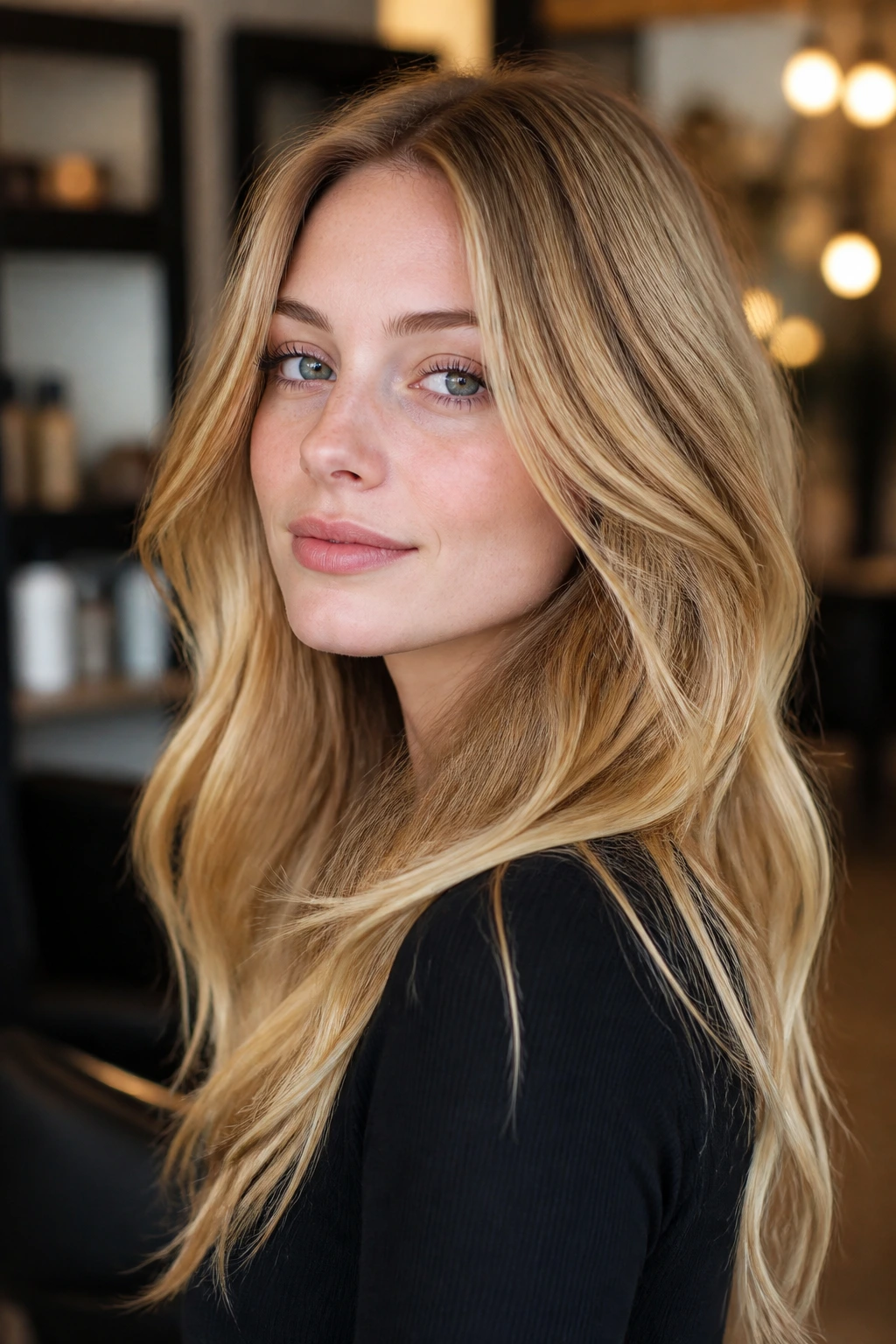 Portrait of a real person with golden honey blonde hair in warm salon lighting