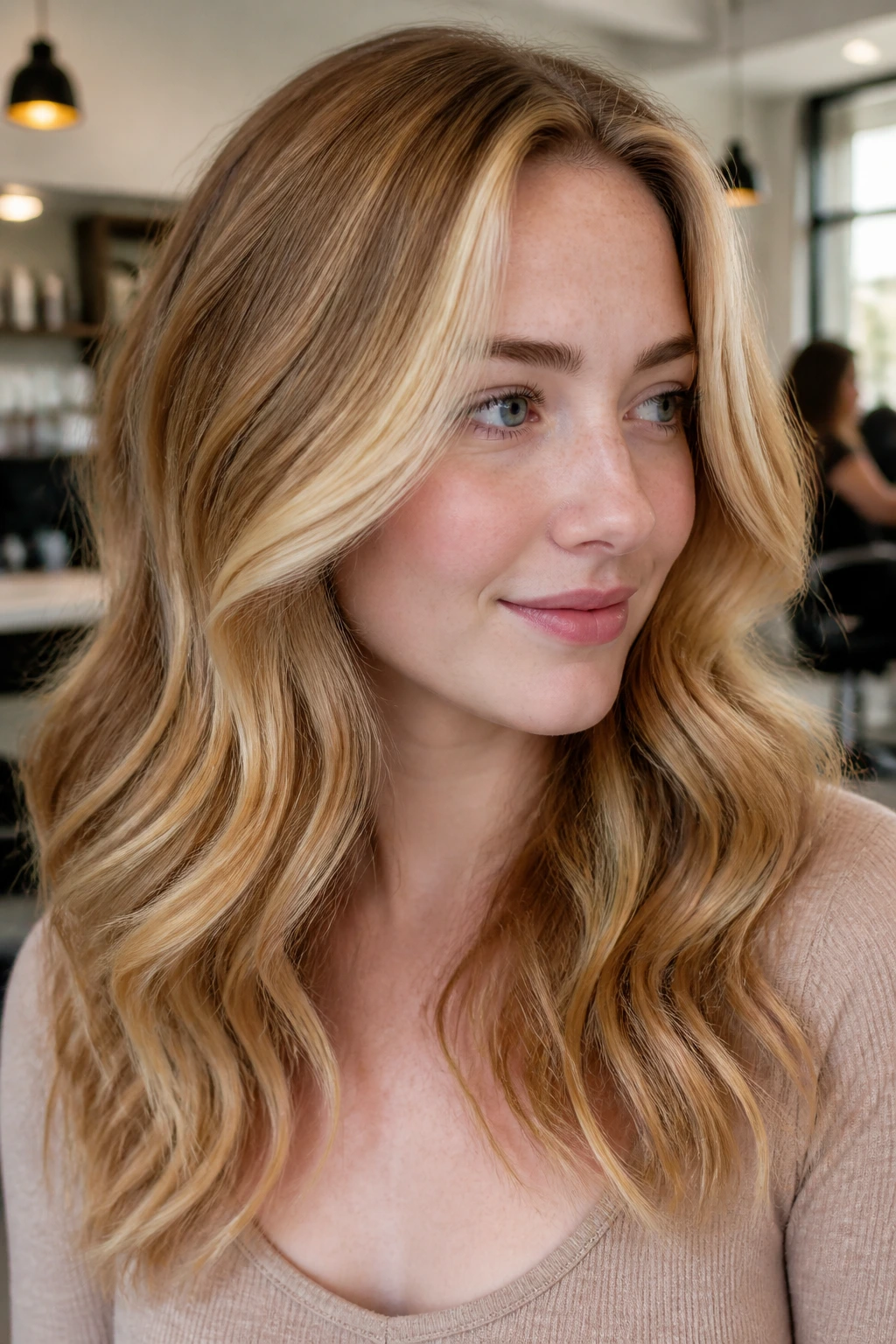 Close-up head-and-shoulders portrait of a real woman with golden honey hair and butterscotch panels.