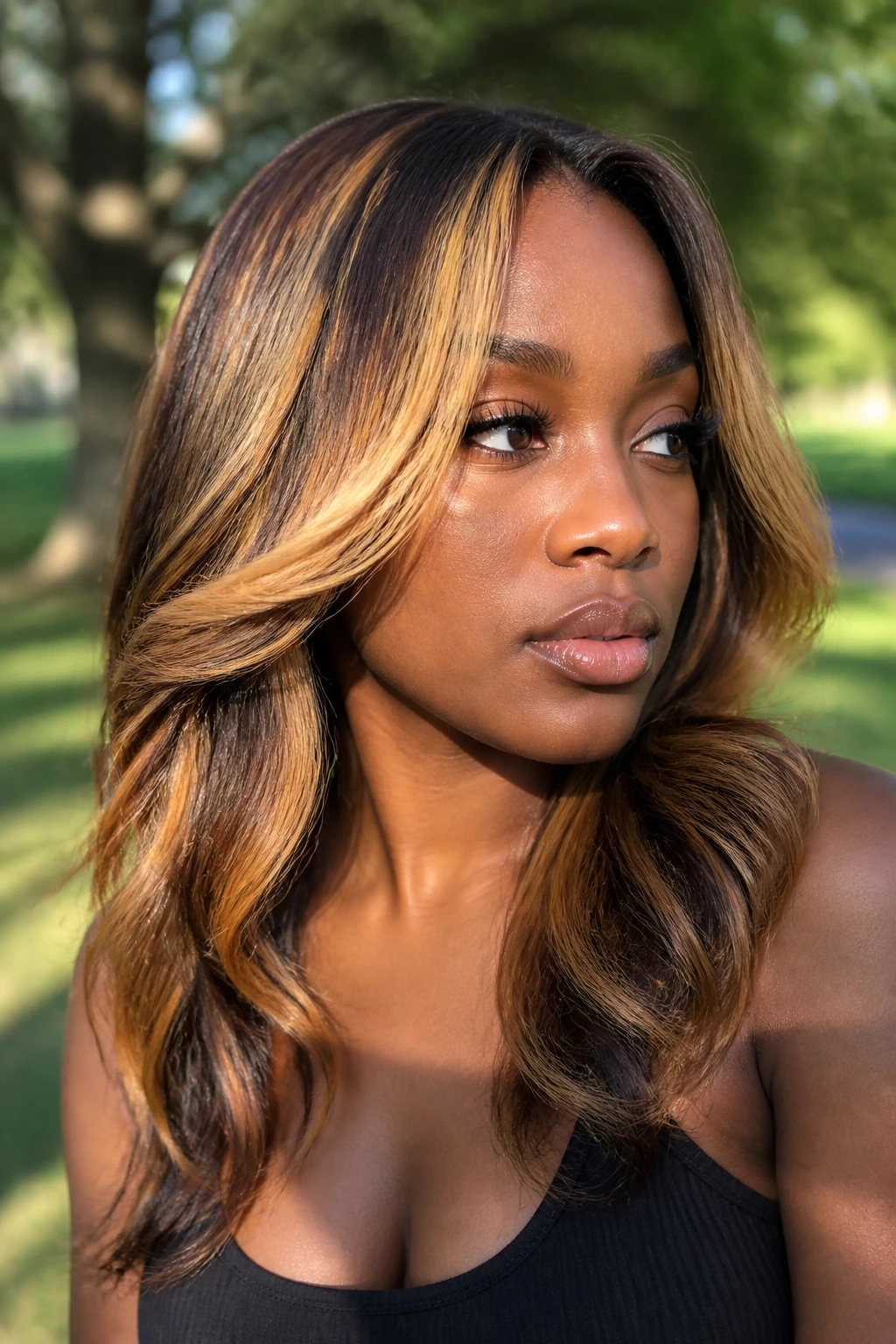 Close-up of hair with golden honey ribbon highlights on a real person
