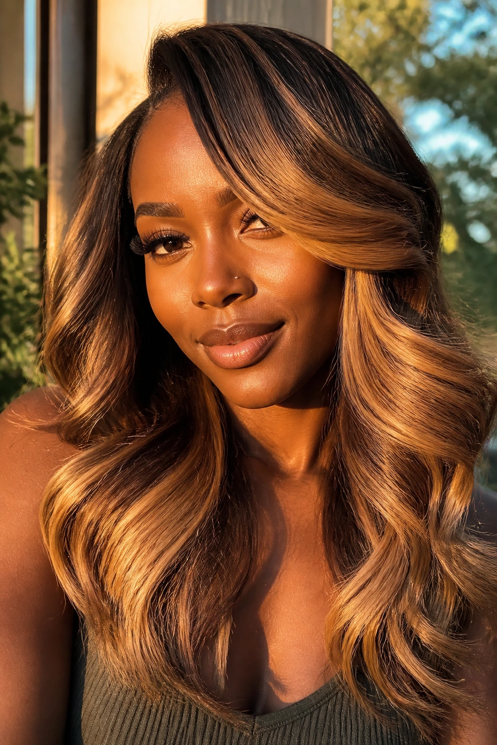 Portrait of a real woman with side-swept waves and golden hour honey balayage in warm light