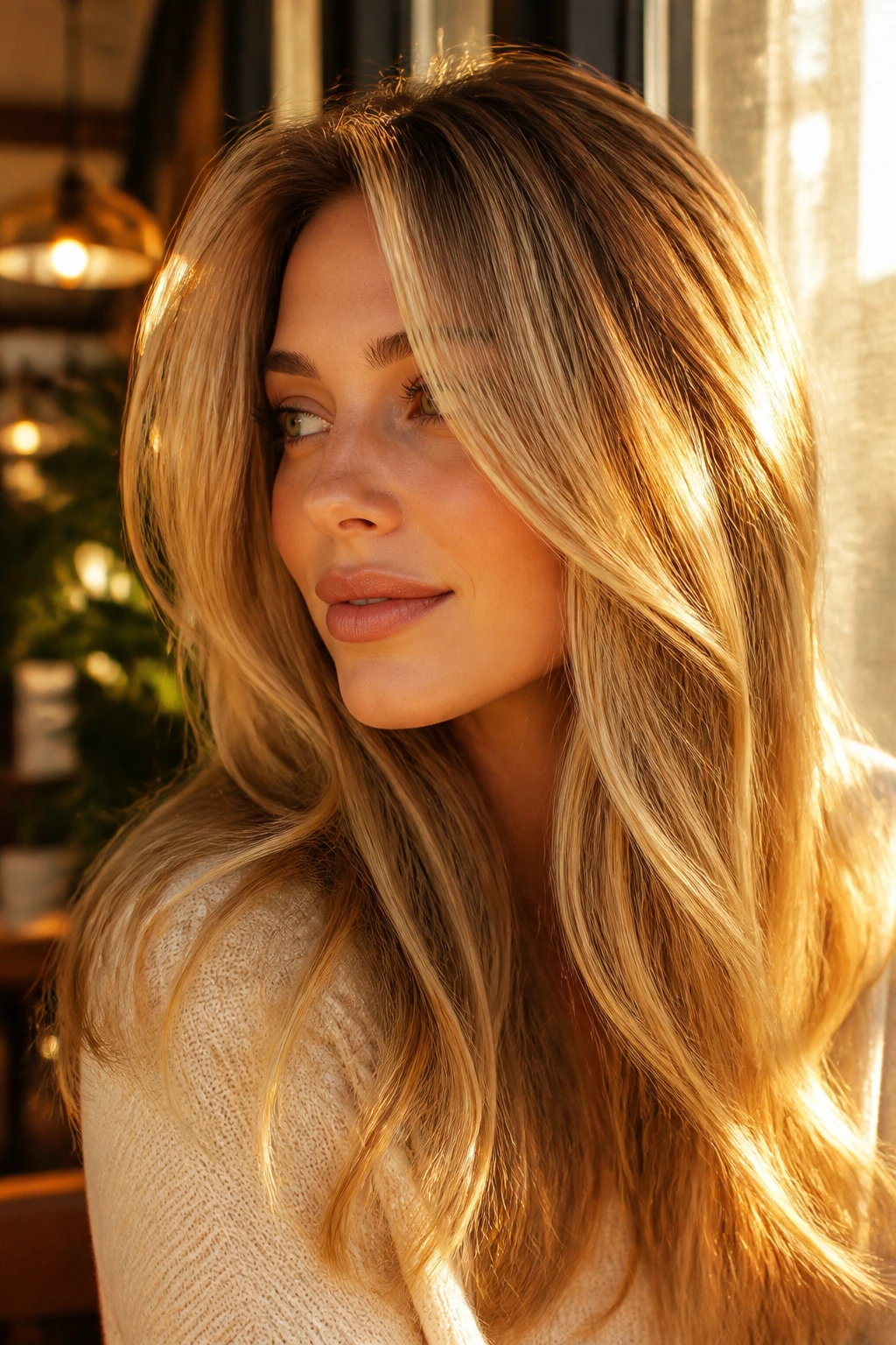 Close-up portrait of a real woman with golden hour blonde babylights in warm window light
