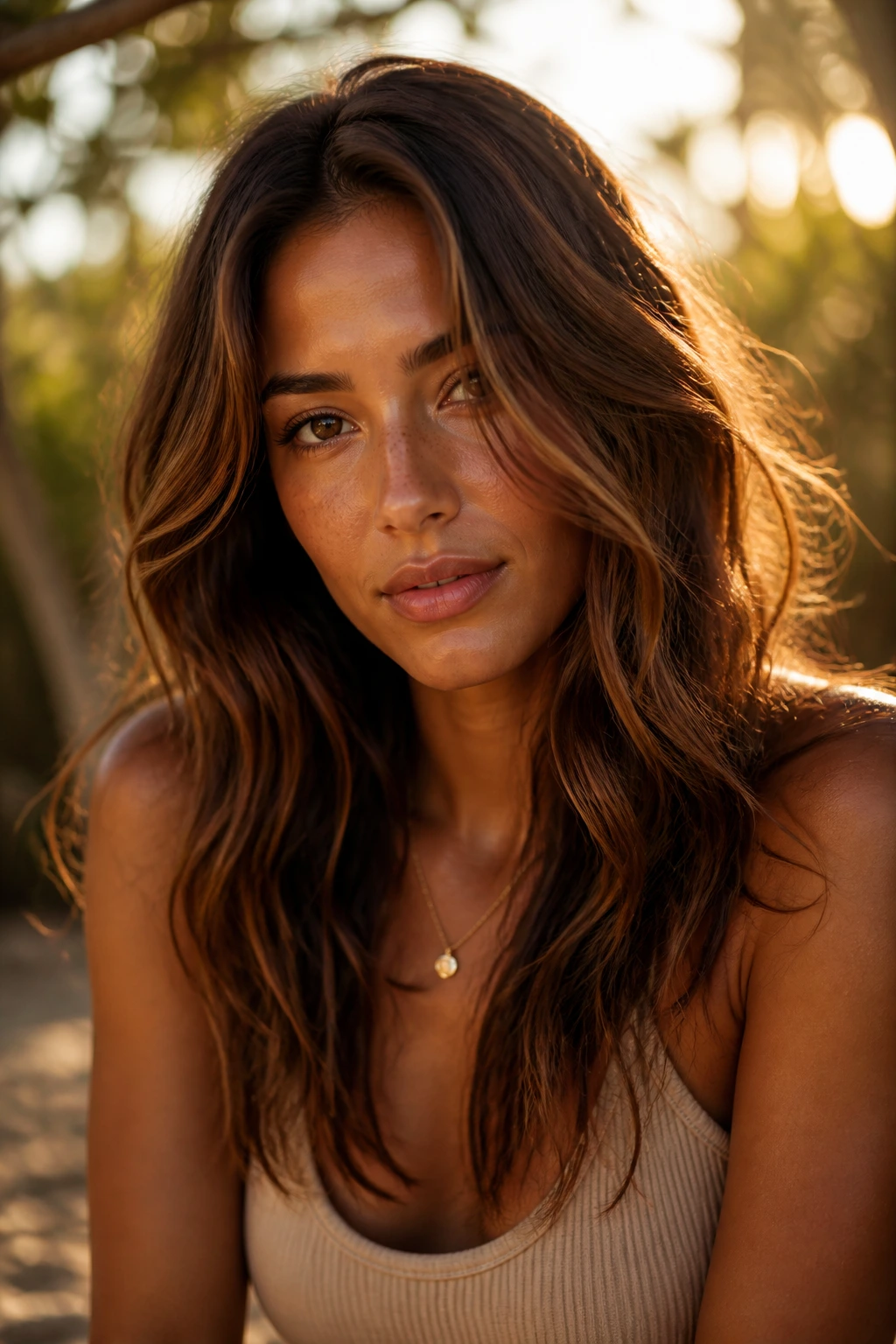 Portrait of a woman with warm golden-hour brunette waves in a sunlit outdoor setting
