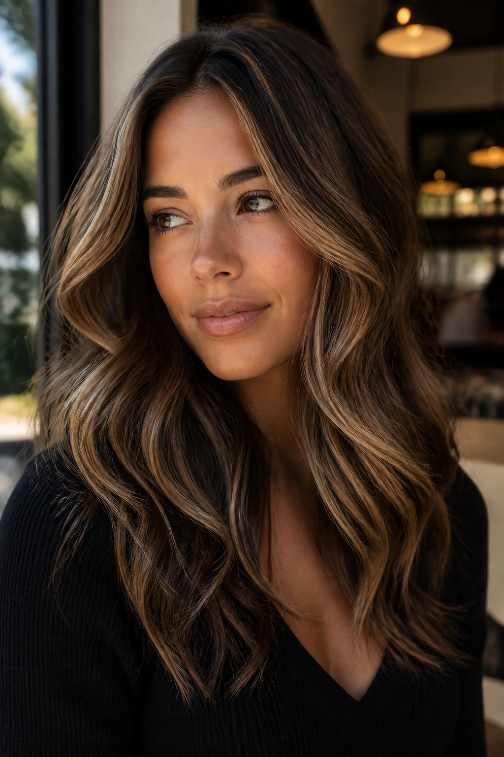Close-up brunette with golden latte highlights around the front