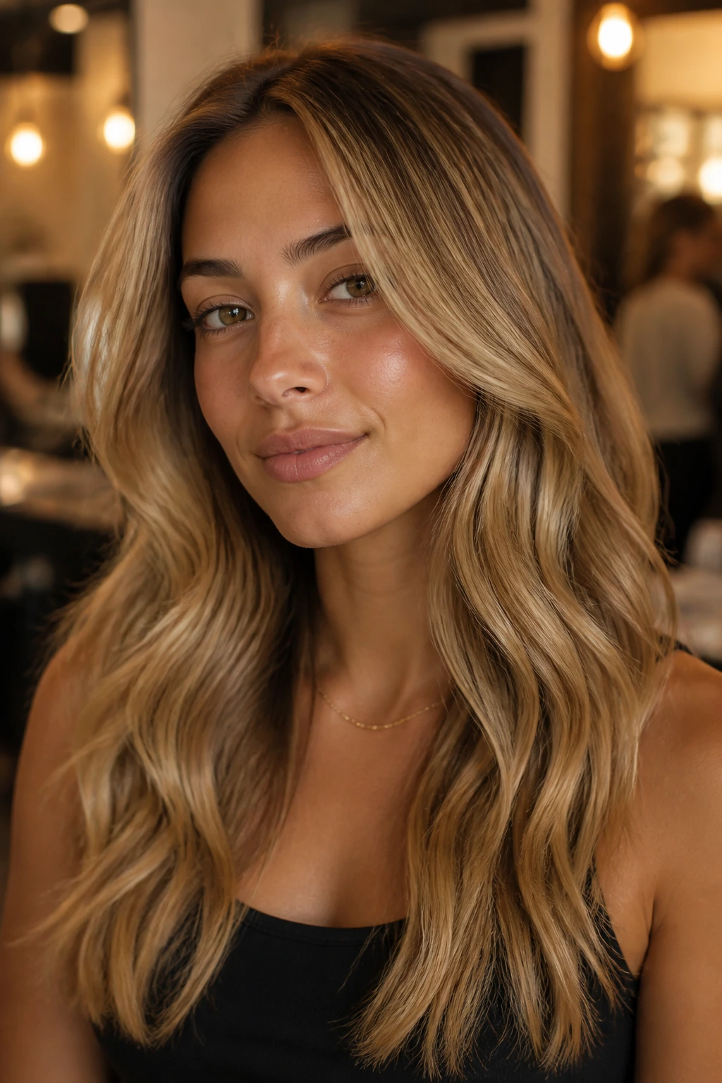 Portrait of person with beige-gold golden blonde hair for olive skin