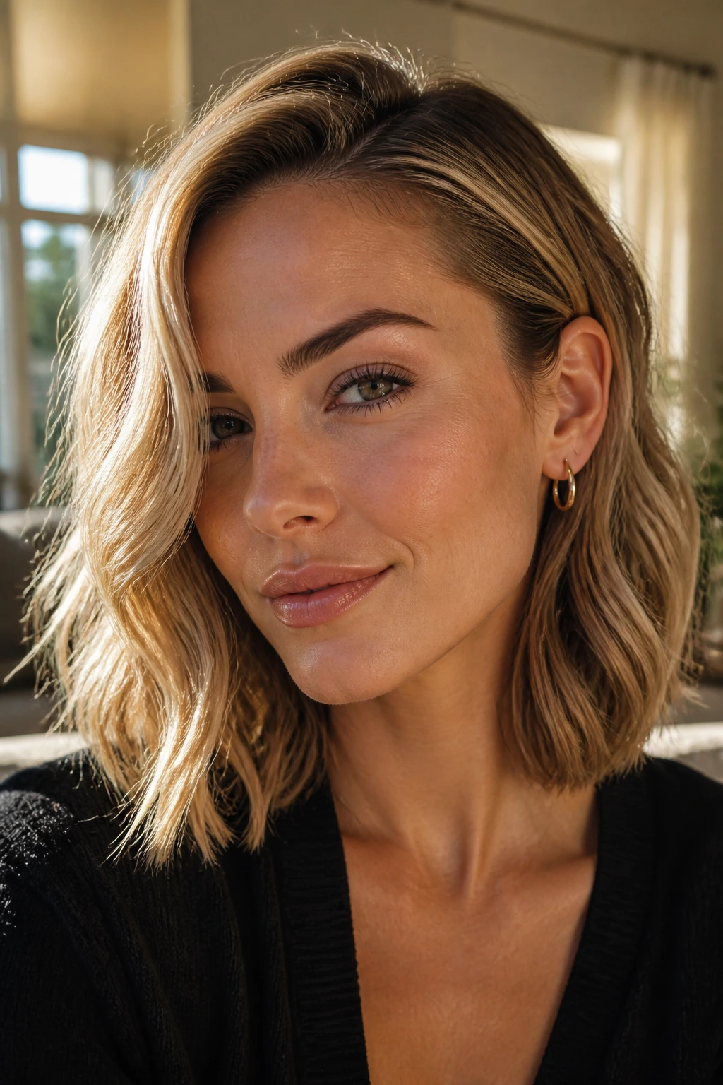 Close-up of a real woman's golden lob with a tucked-behind-ear wave