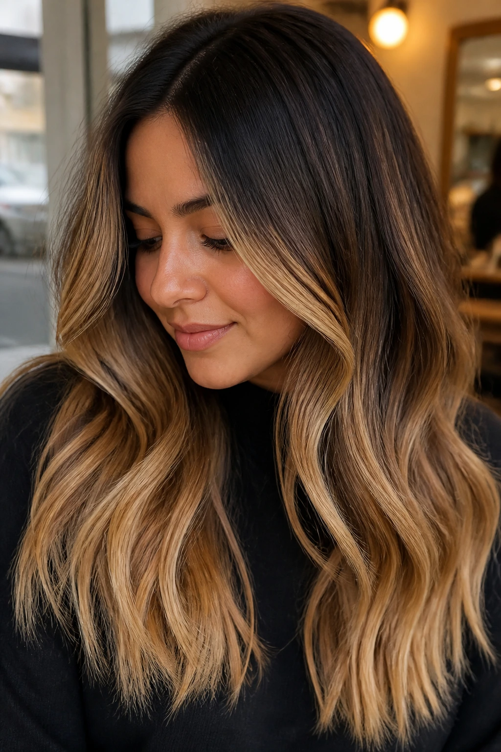 Close-up of hair with seamless golden melt ombre from root to end