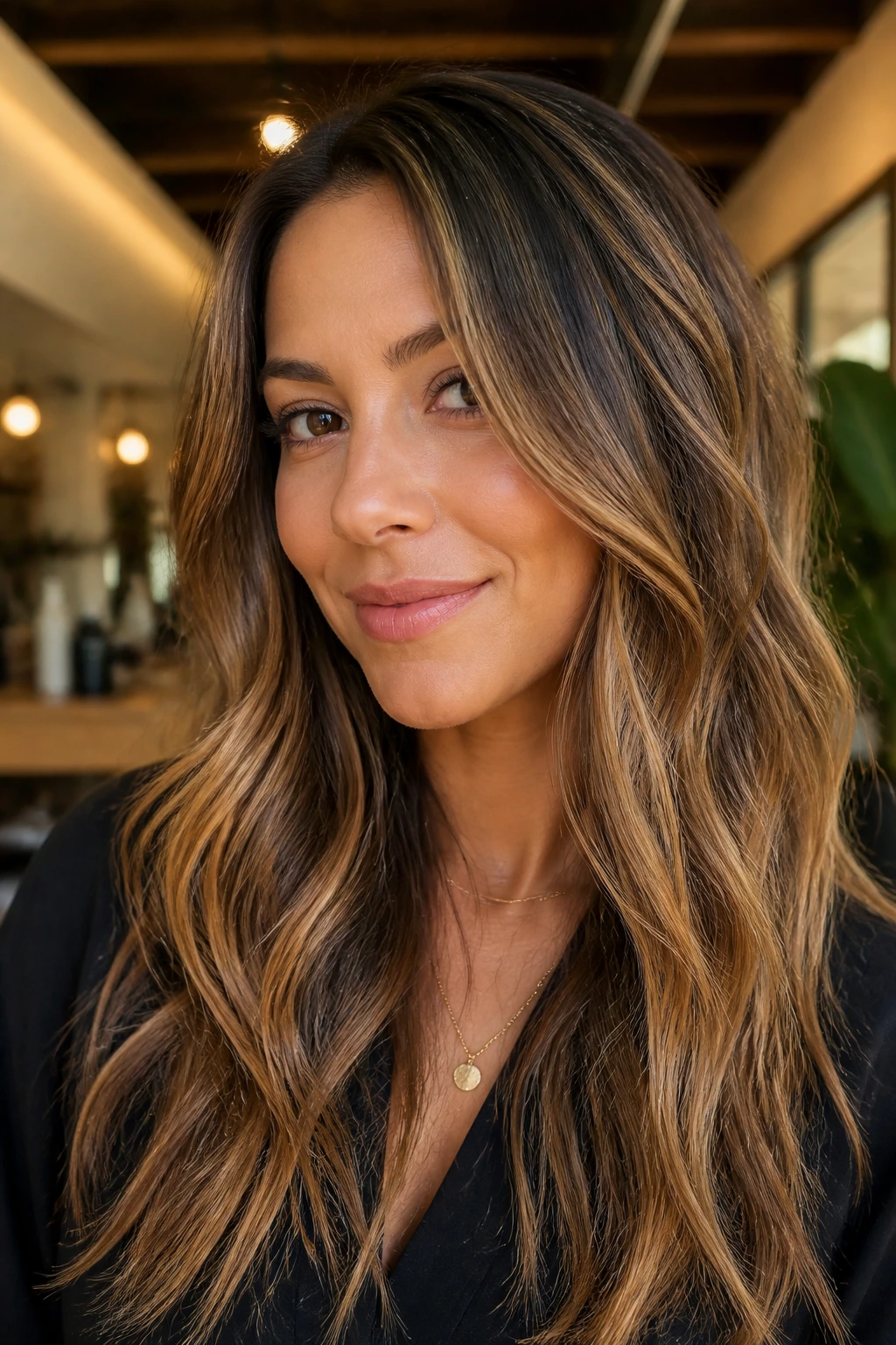 Golden mocha balayage adds dimension to brunette hair in sunlit salon