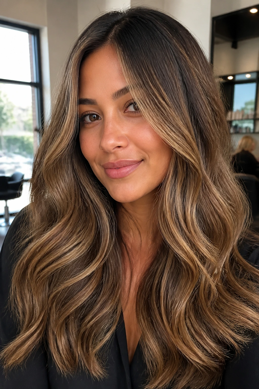 Close-up portrait of a woman with golden mocha blonde hair on tan skin