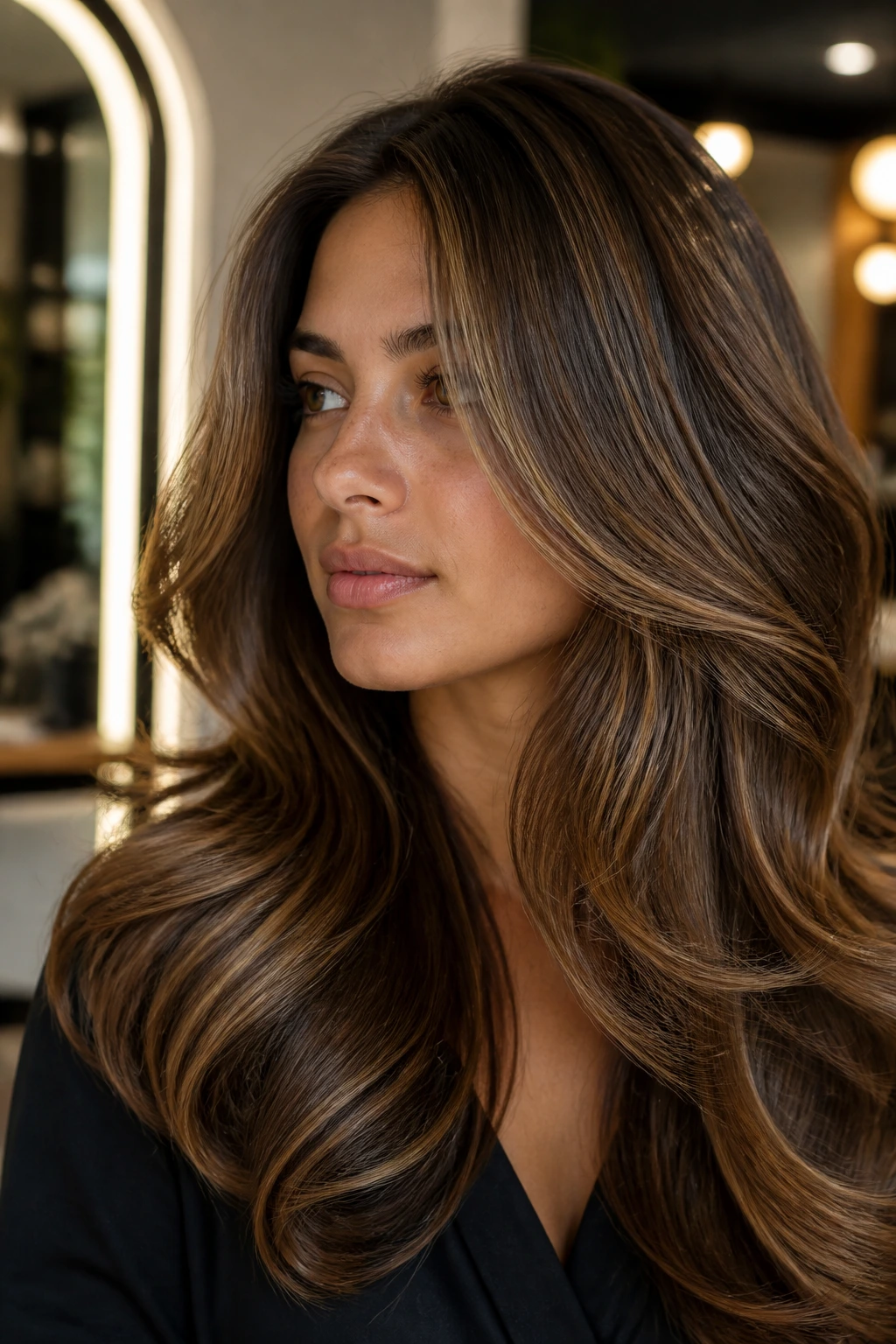 Close-up portrait of a real woman with Golden Mocha Blowout on olive skin in warm lighting