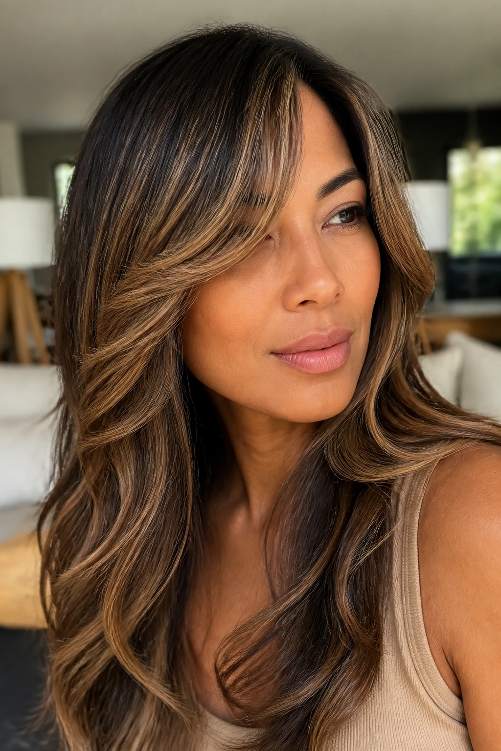 Close-up portrait of a real woman with golden mocha contour on temple and cheekbone.