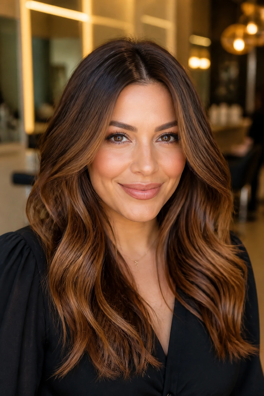 Close-up of real woman with golden mocha gloss on brunette hair
